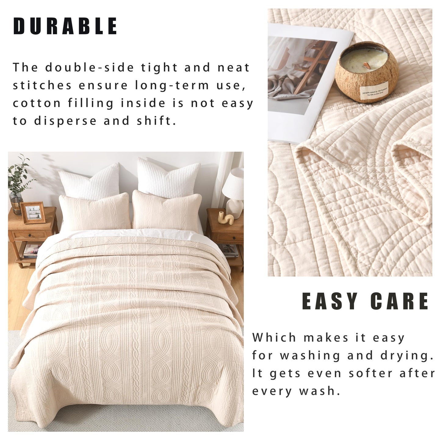 Homzard Quilts Queen Size Bedding Set, 100% Cotton Beige Queen Size Comforter Set,Wave Pattern Bedspread Set,Solid Modern Bedding Coverlet 3 Piece Bed Set, All Season