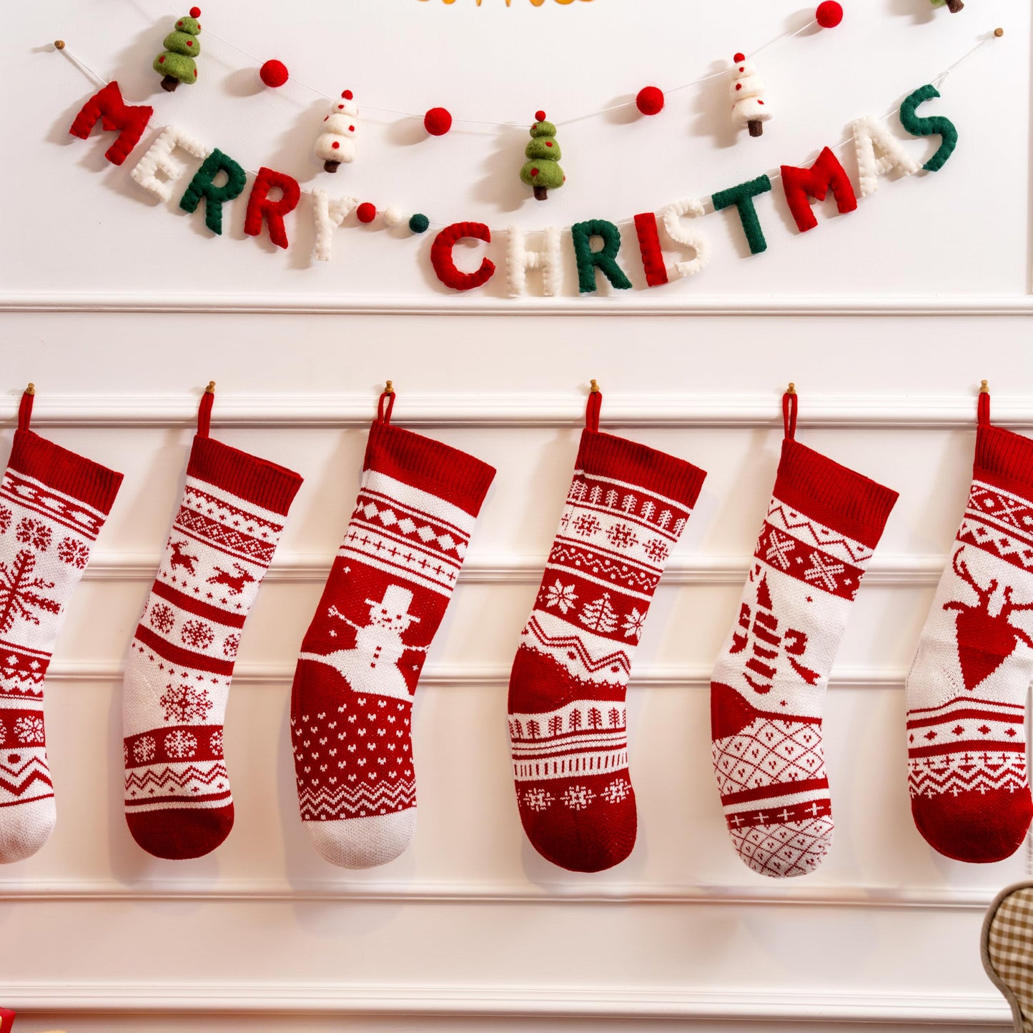 JOYIN 6 Pack 18" Christmas Knit Stockings, Large Rustic Yarn Xmas Stockings Bulk, Cable Knit Xmas Stockings with Snowflake Snowman Reindeer Character for Christmas Tree Fireplace Holiday Decorations
