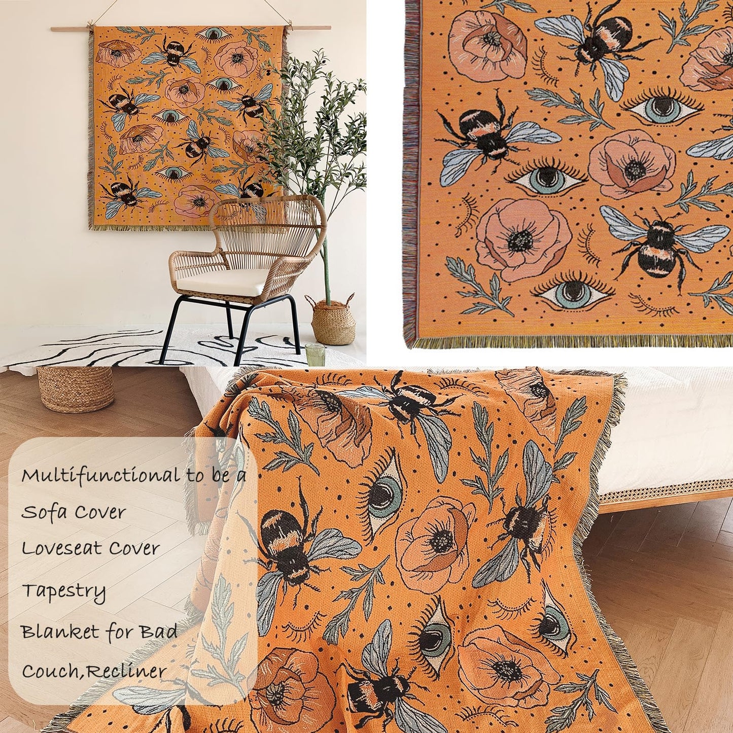 Shesyuki Boho Throw Blanket Reversible Cotton Bohemian Tapestry Hippie Room Decor Double Sided (Boho Bee Yelow 50"x60")