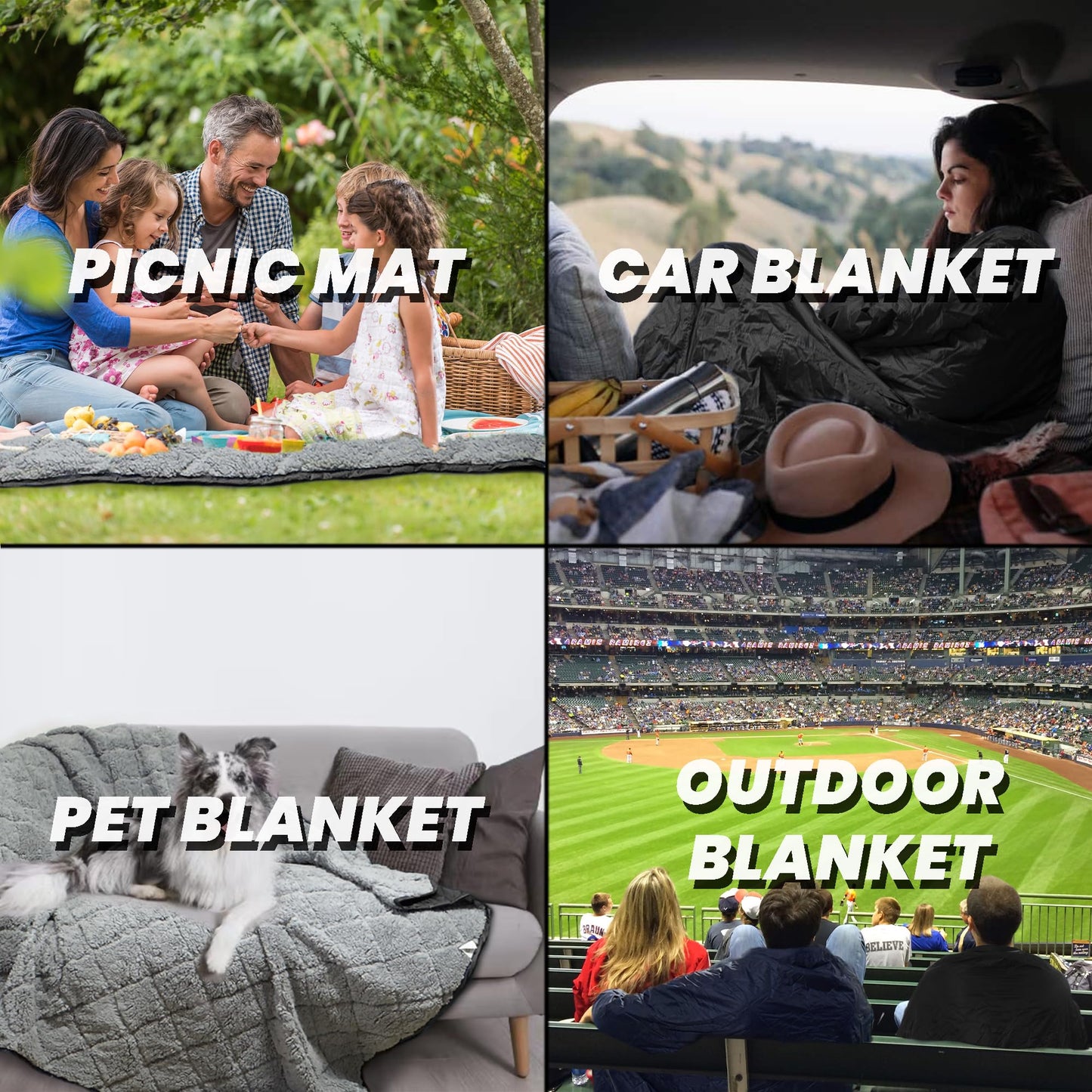 Waterproof Outdoor Blanket 82”X 55” Packable, Stadium Blankets for Camping with Sherpa Fleece Lining, Large Windproof Emergency Throw for Garss Picnic Hiking Road Trip, Machine Washable, Black 300GSM