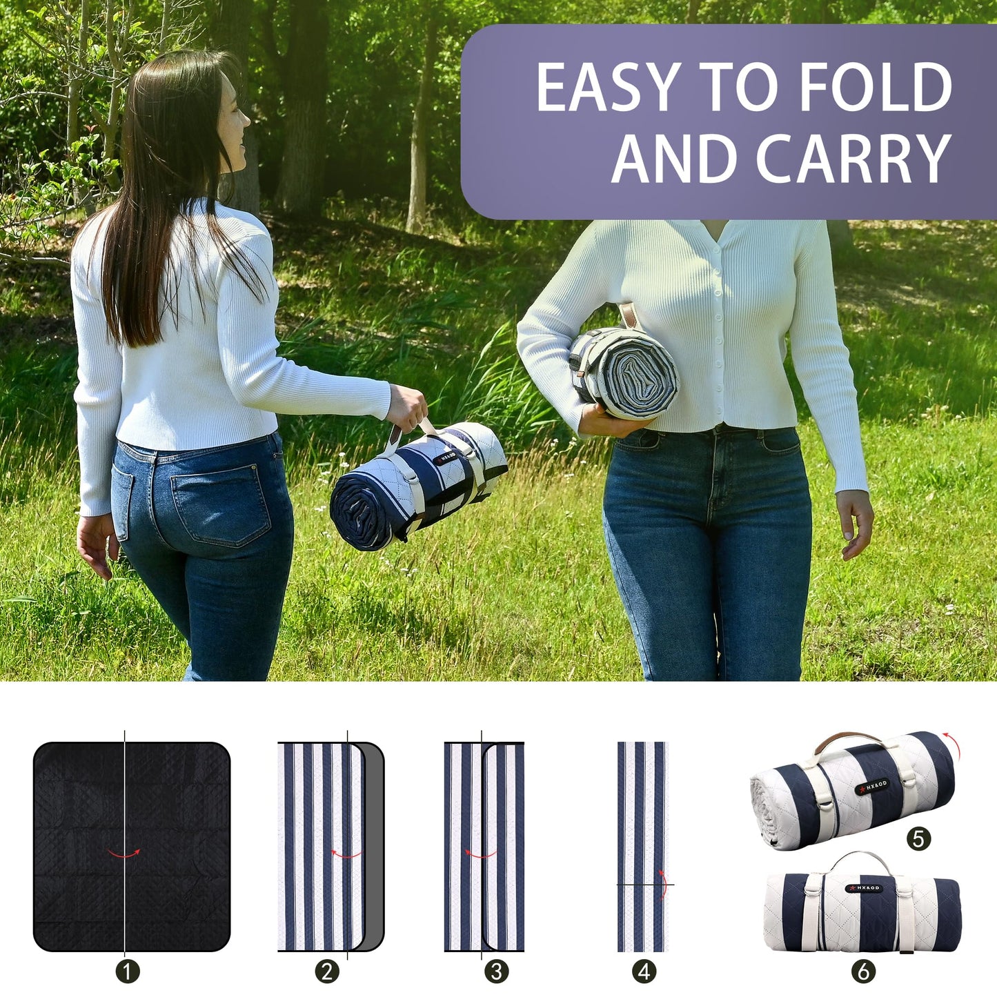 HX&OD Outdoor Picnic Blanket Extra Large, 80''*80'' Waterproof Picnic Mat with Stakes Foldable Camping Blanket Portable with Carry Strap for Beach Mat (Blue& White, 80''*80'')
