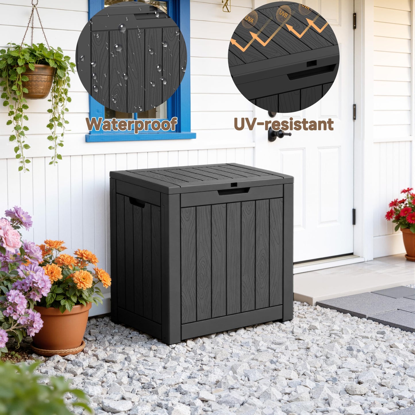 EasyUp 35 Gallon Outdoor Storage Box, Outdoor Deck Boxes for Garden Tools Equipment,Cushions and Patio Storage,Lockable and Resin,Easy to Install(Black)
