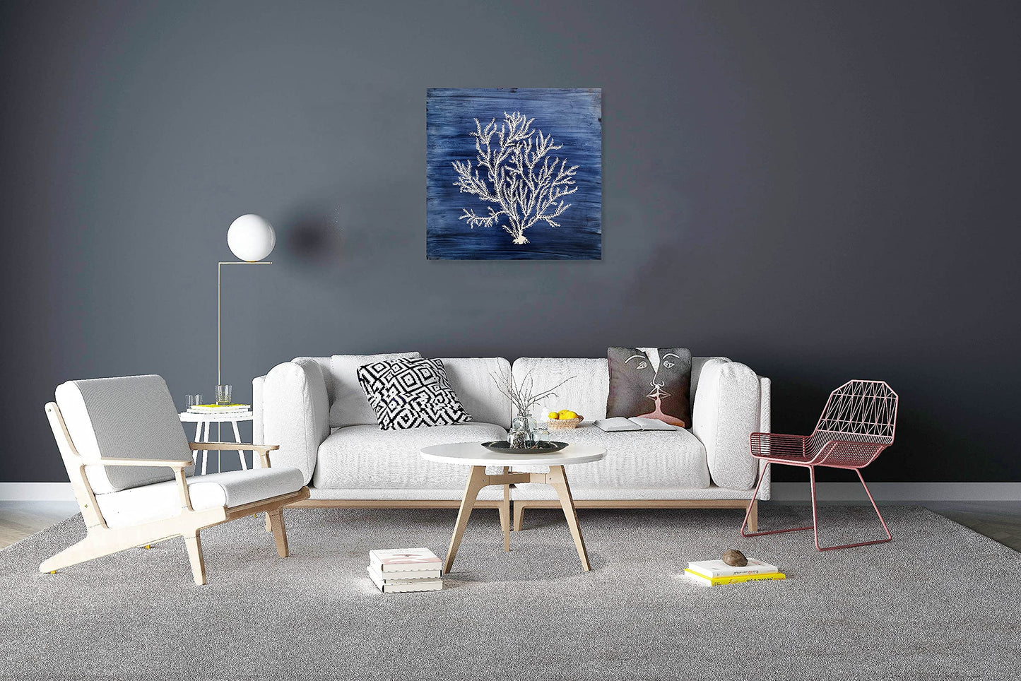 Yihui Arts Nautical Canvas Wall Art Hand Painted Navy Blue and White Coastal Painting Modern Abstract Tree Artwork for Living Room Bedroom Hall Way Decor
