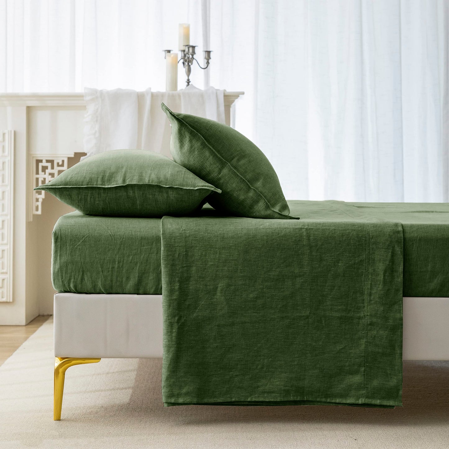 EVERLY 100% Linen Pillowcases Set of 2, Envelope Overlap Closure French Natural Washed Flax Pillowcases 20x26 inches-Mossy Green