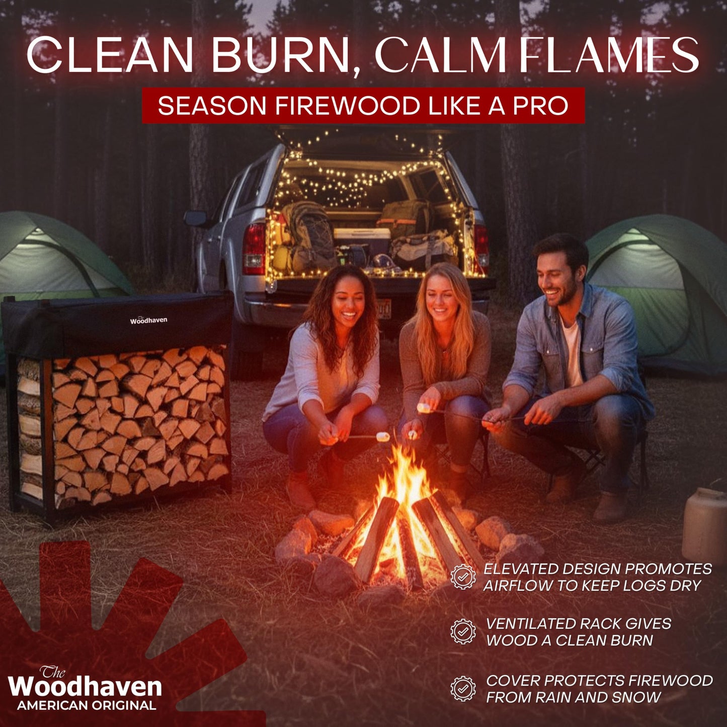 Woodhaven Black 4 Foot - Heavy Duty Made In USA - Indoor Outdoor - 1/4 Cord Firewood Storage Log Rack With Seasoning Cover Combo Set - Metal Log Storage - 48” x 48”