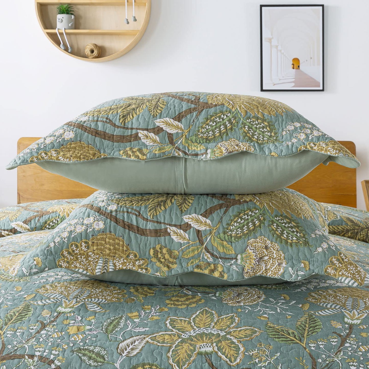 Travan 3-Piece Quilt Set Quilted Bedspread Cotton Coverlet Set Floral Printed Oversized Quilted Bedding Set with Shams for All Season, Green Vine, King Size