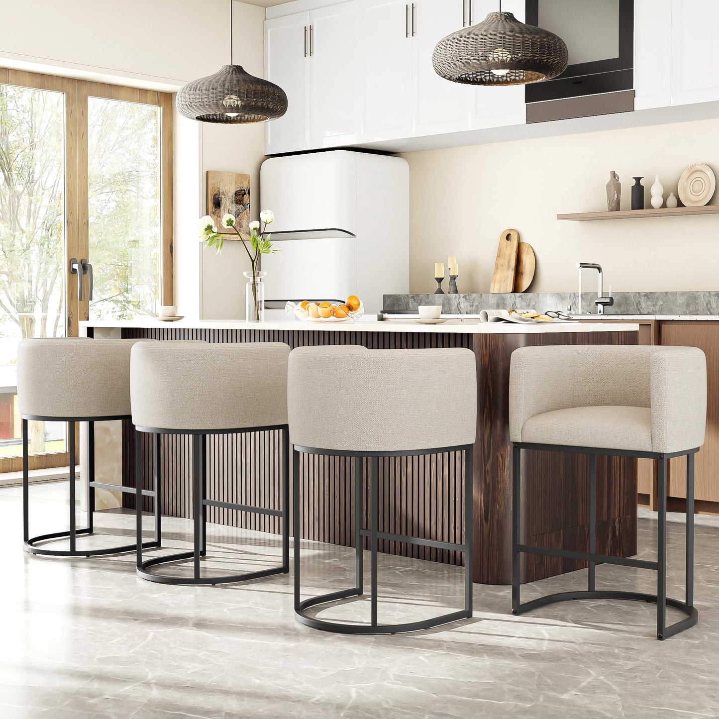 VATROS 26" H Counter Height Bar Stools Set of 2, Modern Barrel Counter Stools with Backrest and Arms, Linen Fabric Upholstered Accent Barstools for Kitchen Island,Support 450 LBS (Beige)