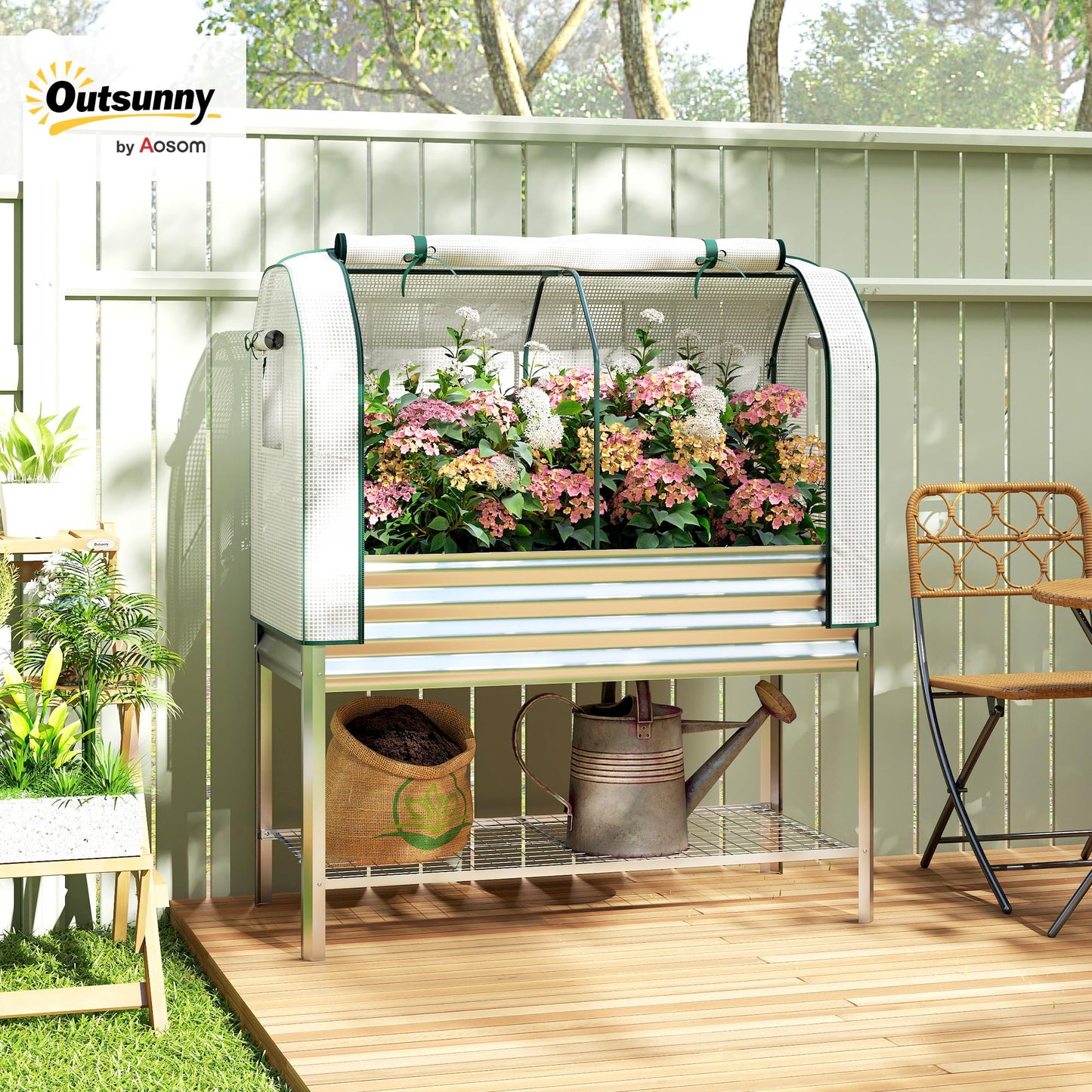 Outsunny Galvanised Raised Garden Bed with Greenhouse Cover, Metal Elevated Garden Bed with Legs, Bed Liner and Bottom Shelf, Outdoor Raised Planter Box for Vegetables, Herbs, Flowers, Silver
