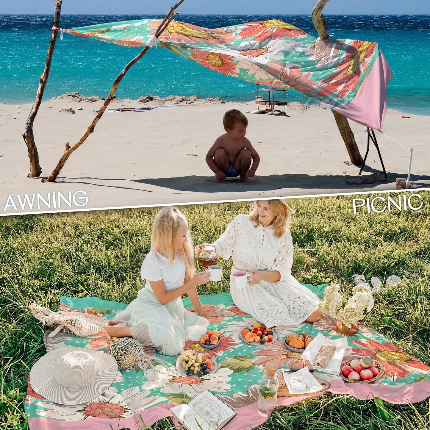 BYDOLL Beach Blanket Waterproof Sandproof 78''×81'' Suits1-4 Adults Compact Lightweight Oversized Sand-Free Blanket Large Picnic Mat for Beach Travel Camping Hiking