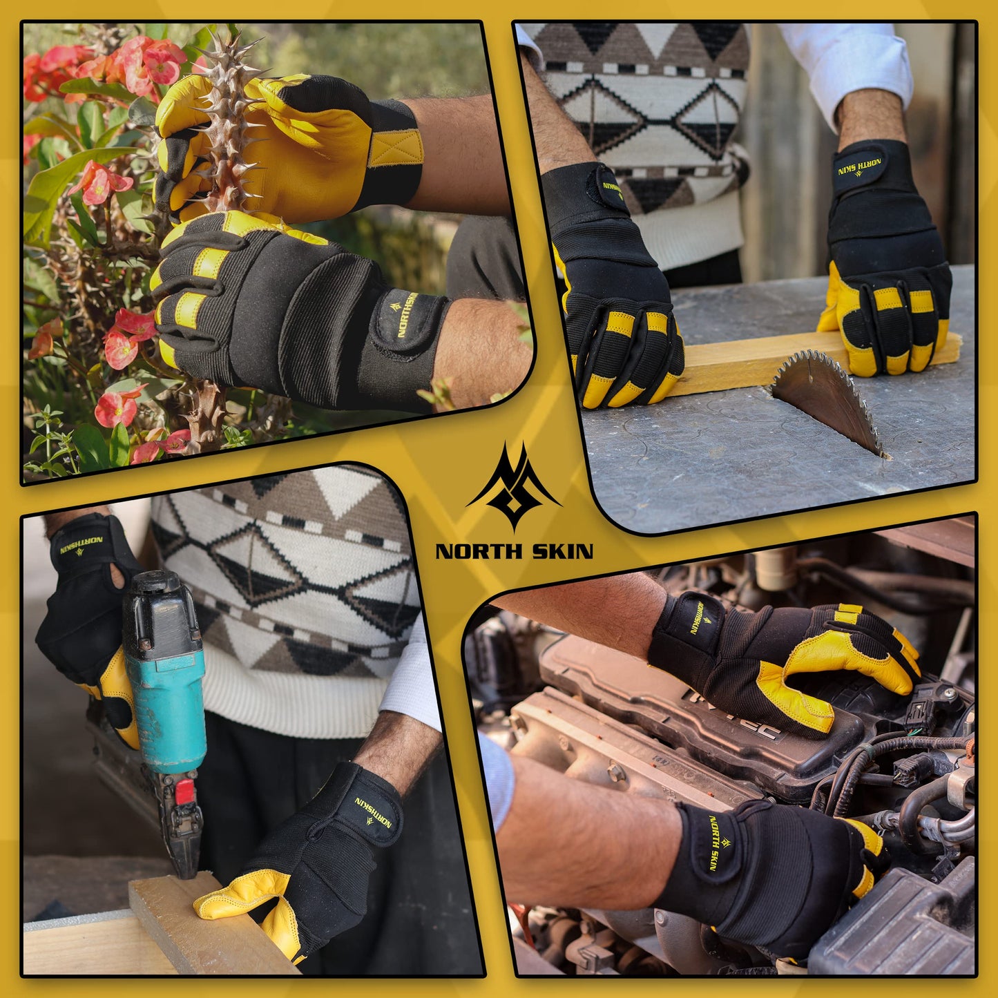 NORTH SKIN Gardening Thorn-Proof Working Gloves with Touch Screen Support, Thick Leather, Heavy-Duty Safety Gloves for Garden (Yellow, M)