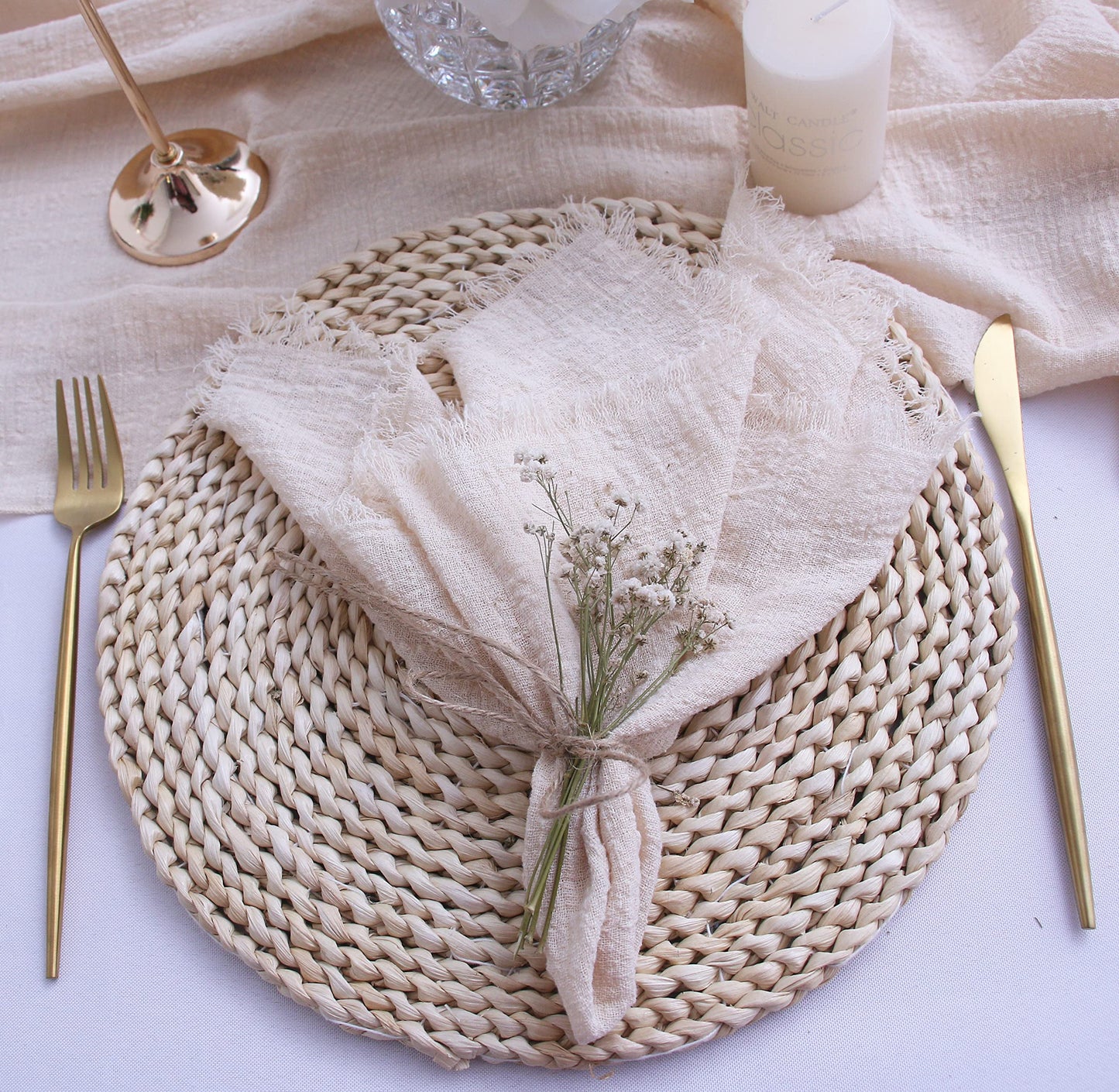 Fall Cloth Napkins with Fringe Set of 12,100% Soft Cotton,Washable Gauze Napkins Great for Weddings Decorative,Dinner Parties,Family Everyday Use (12 Pack, Beige)