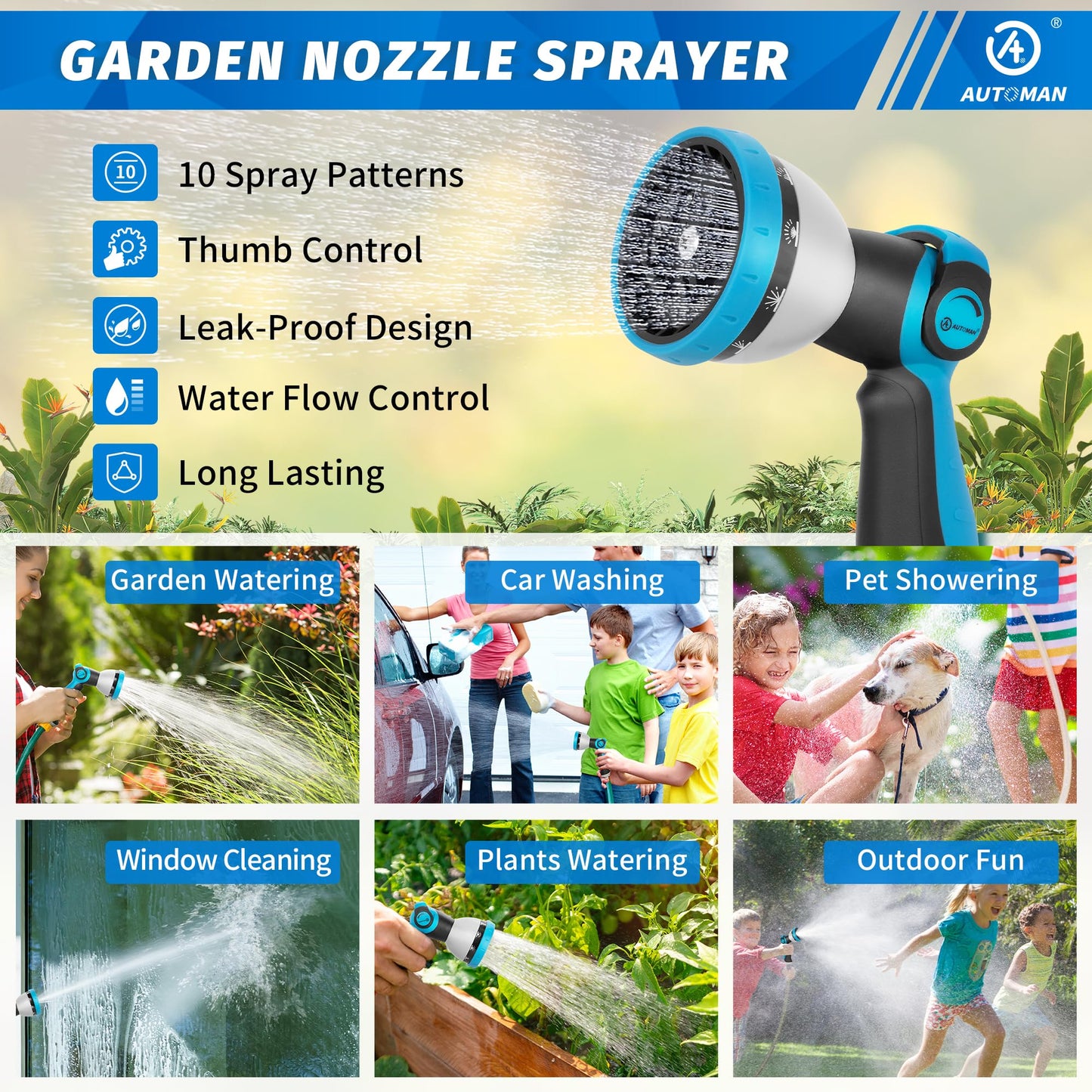 AUTOMAN Garden Hose Nozzle - 10 Adjustable Spray Patterns, Thumb Flow Control Hose Sprayer, Water Hose Spray Nozzle for Plants Watering, Car Washing, Window Cleaning, Pets Bathing, Outdoor Fun, Blue