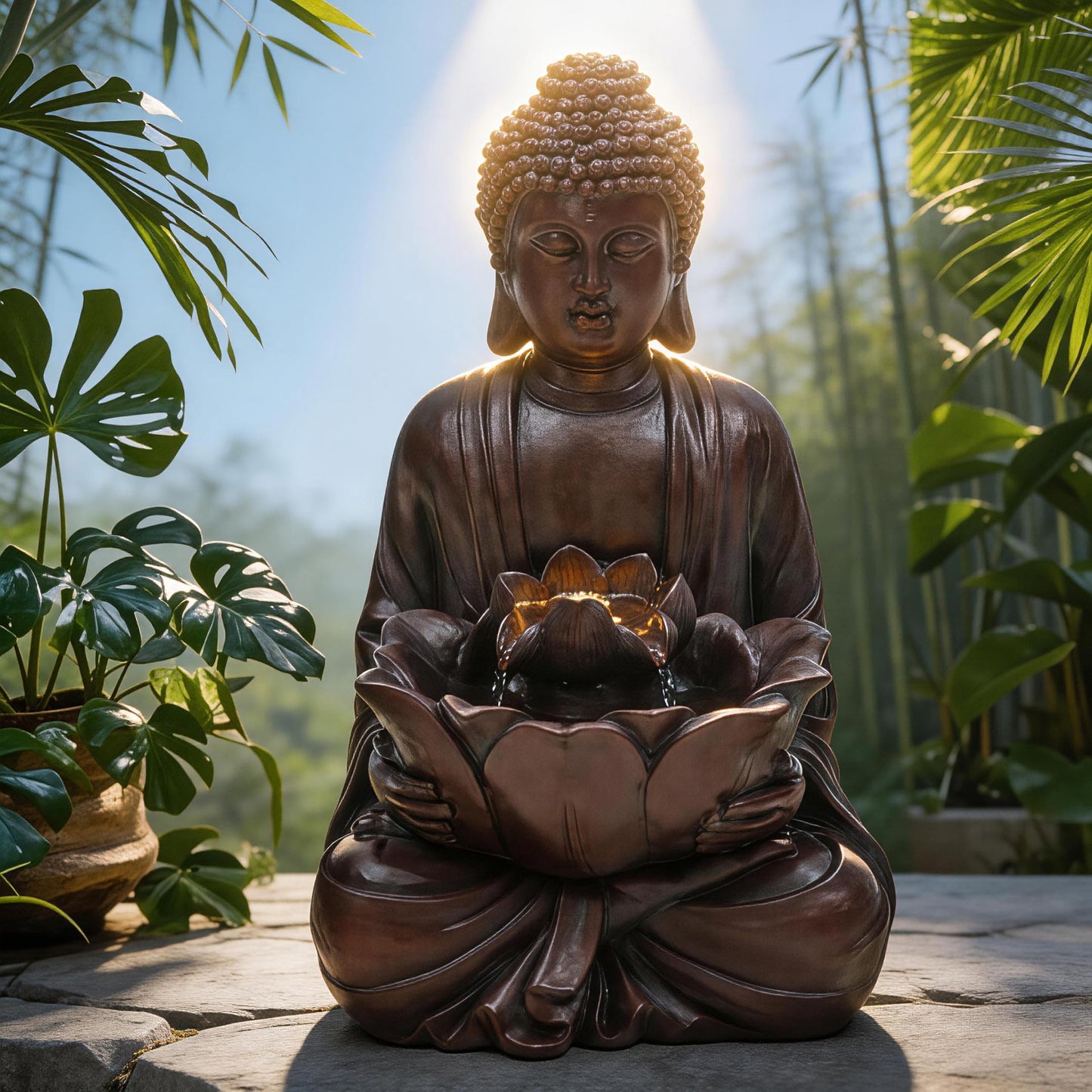 Ultym Zen Buddha Water Fountain Outdoor, 19" H Handcrafted Buddha Statue Water Feature with Soothing Waterfalls & Lights, Peaceful Oasis for Garden Patio Yard Deck Living Room Floor Tabletop Decor