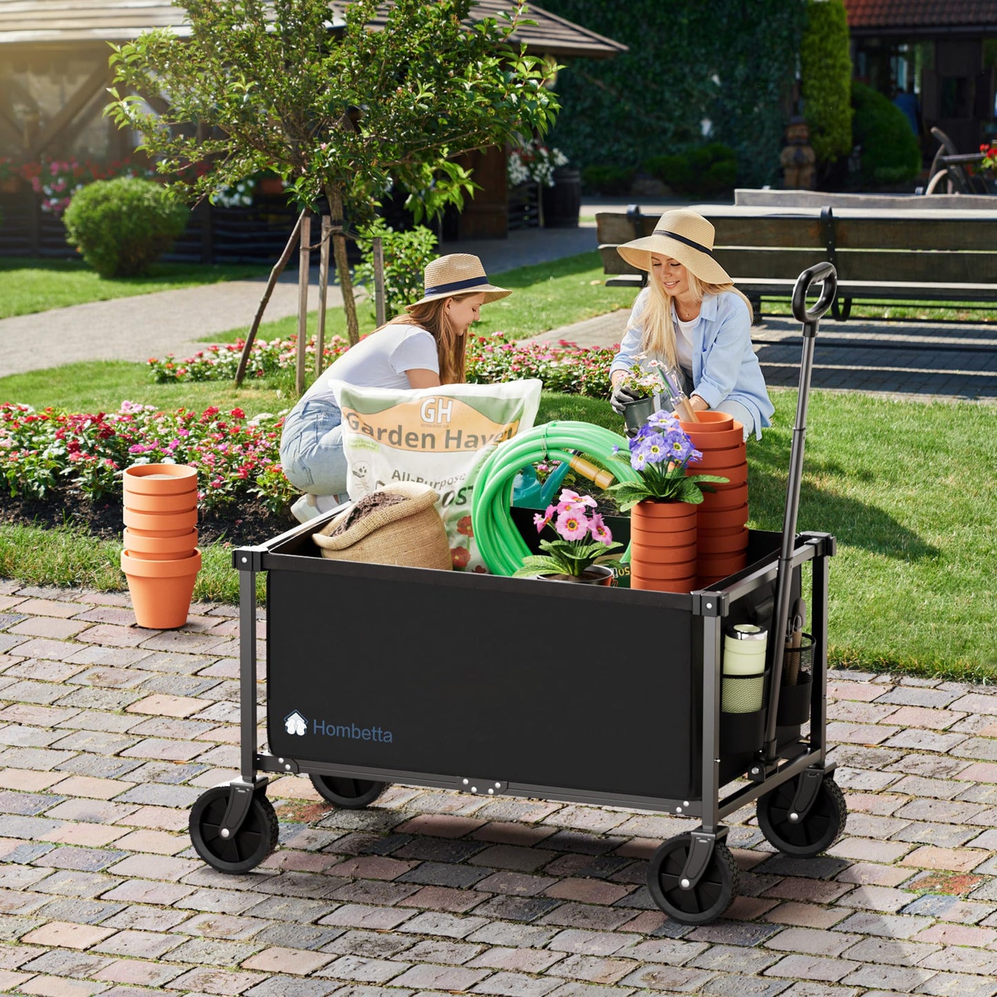 HOMBETTA 29.3" Collapsible Wagon Cart, 150L Heavy Duty Folding Utility Wagon with Wheels, 360 lbs Load, Portable Rolling Cart for Garden, Shopping, Sports, Camping, Black