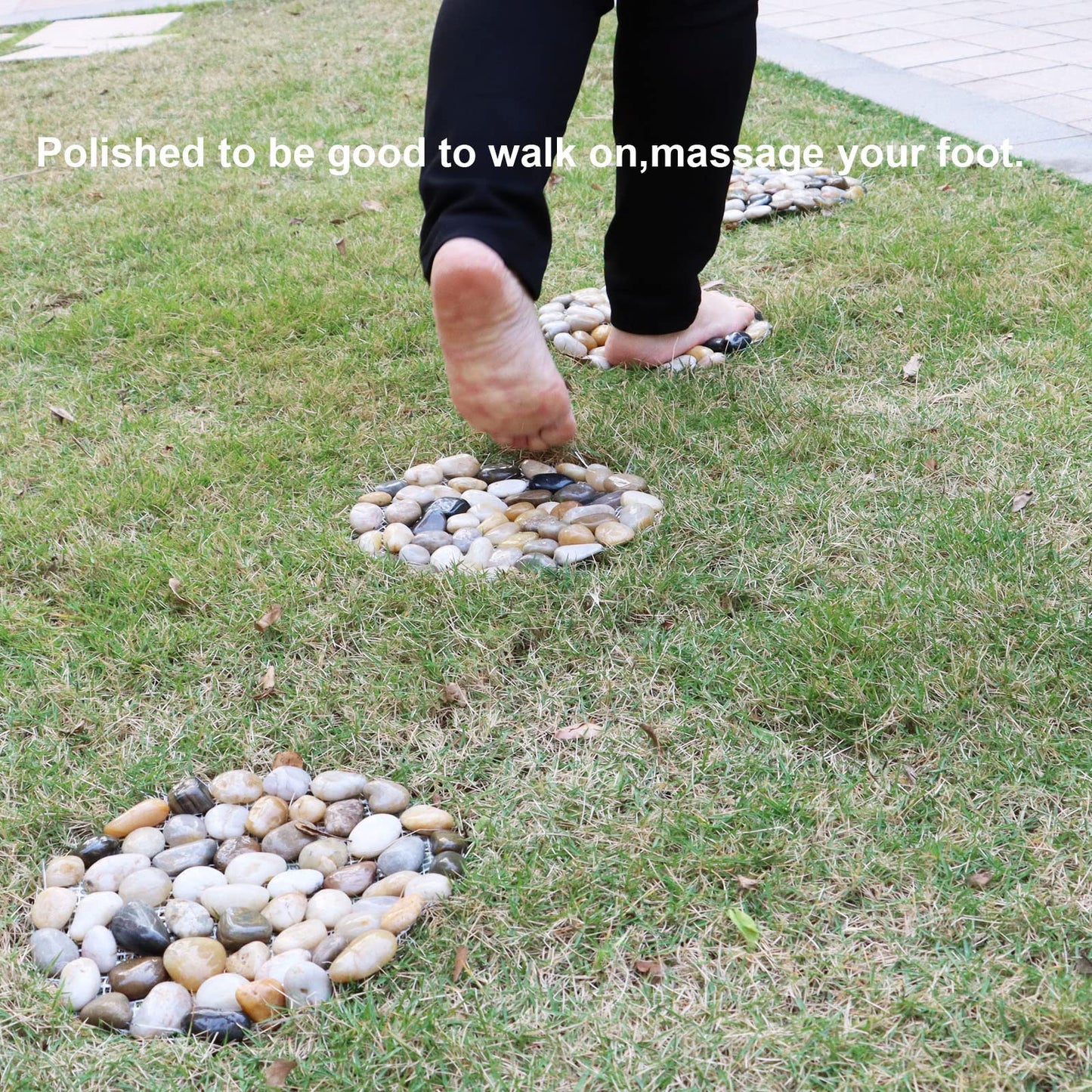 Natural Pebble Stepping Stones for Garden & Outdoor Walkways - 9 Inch Round Therapeutic Massage Stones, 6pcs Non-Slip Acupressure Floor Mats, Polished River Rock Decorative Stone Path