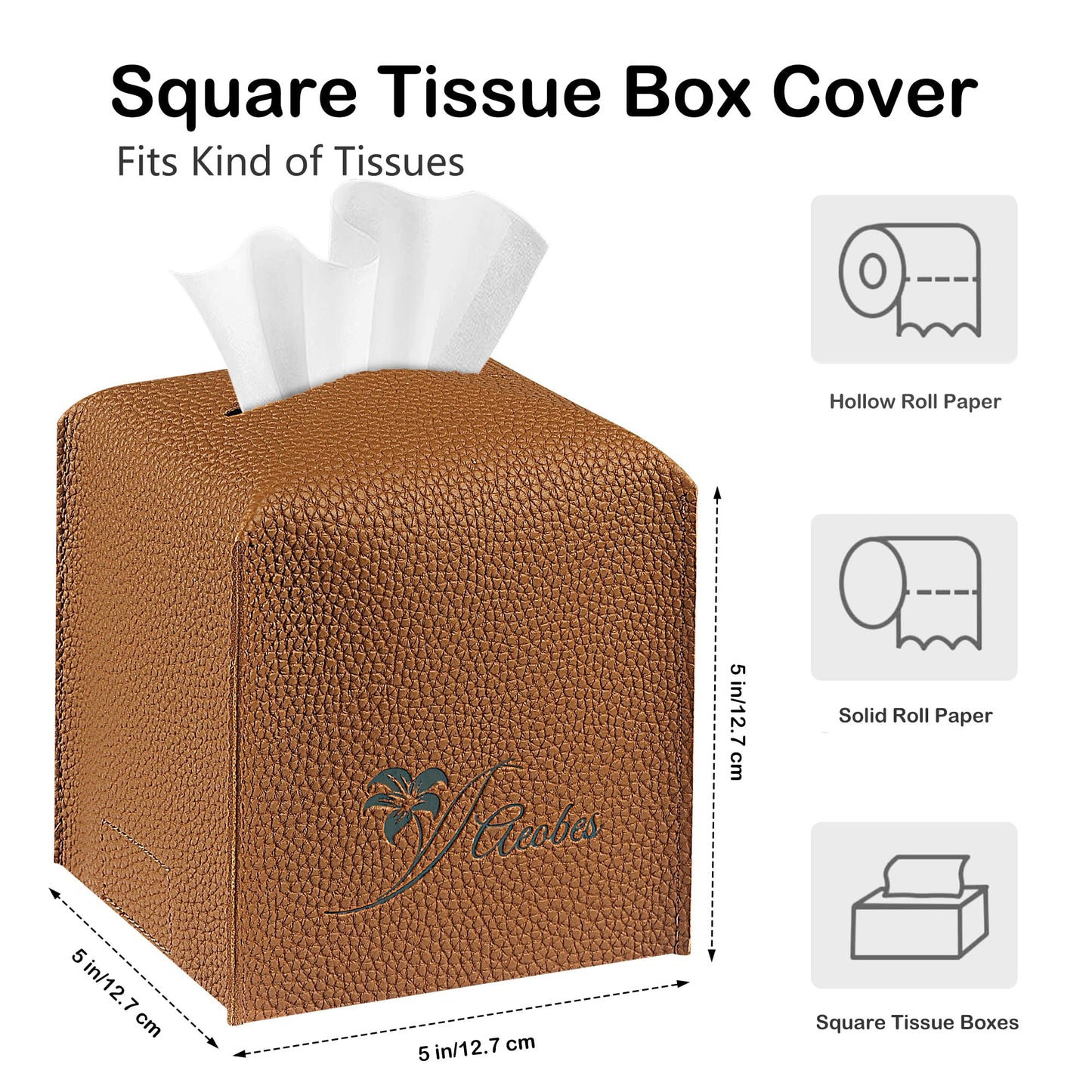 Aeobes Tissue Box Cover Square PU Leather Tissue Holder for Bathroom, Cube Décorative Tissue Organizer, Tissue Paper Dispenser for Car, Kitchen, Bedroom, Office, Tabletop (2, Brown, 5x5x5'')