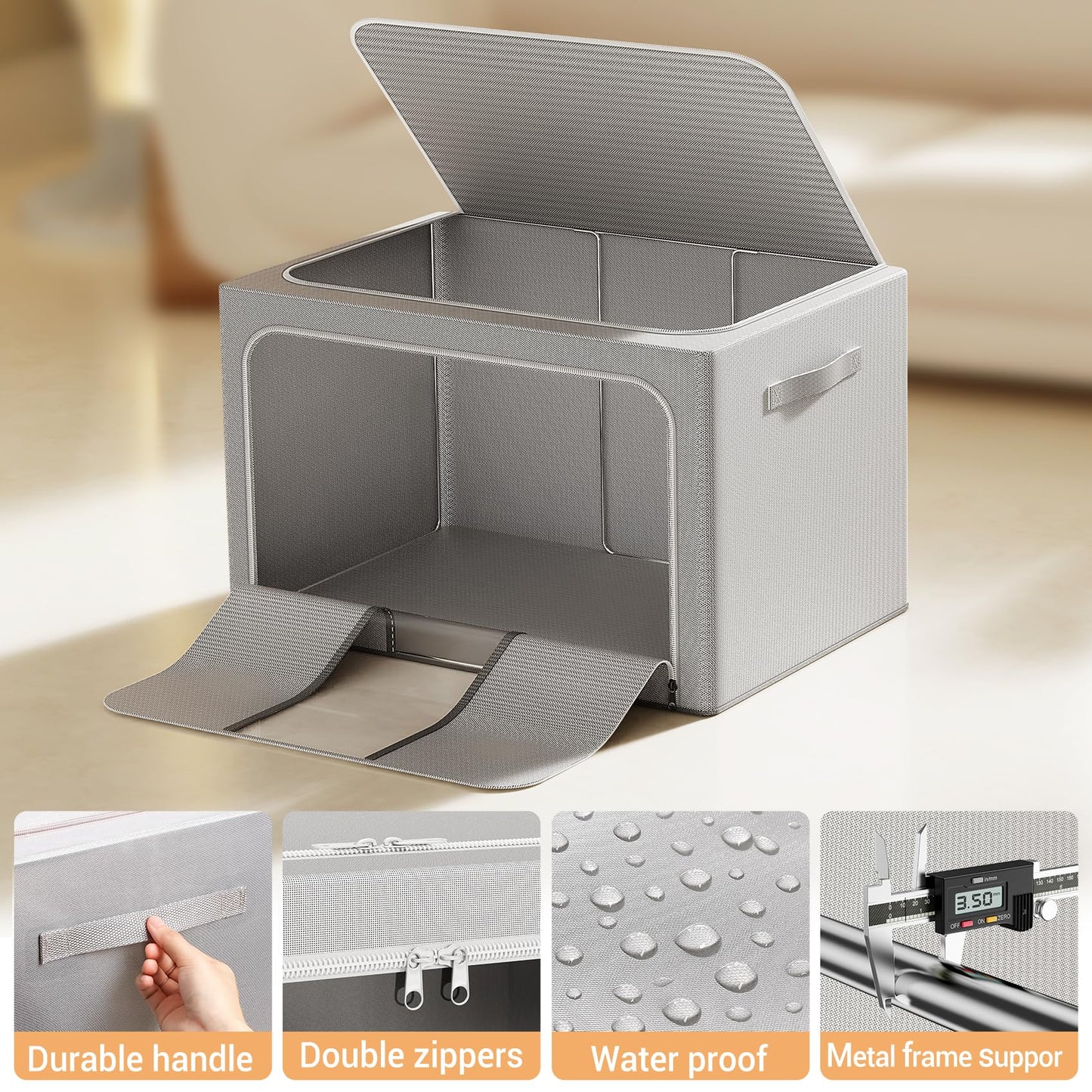 LeArex Clothes Storage Bins with Metal Frame Foldable Storage Box Clothes Organizers Storage Containers for Clothes Sheets Blankets Books Toys Gifts and Holiday Decorations (100Lx3 Pack)
