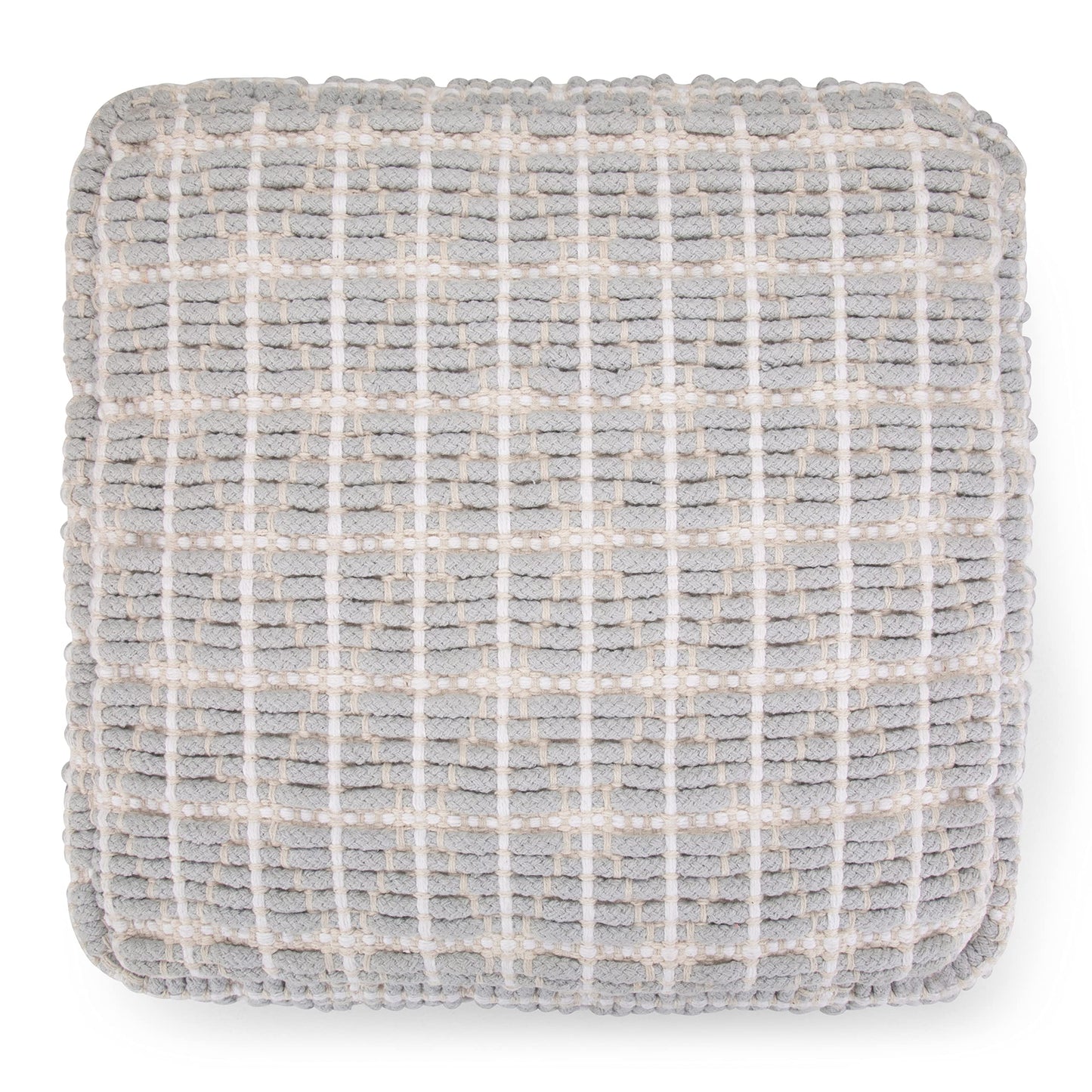 SIMPLIHOME Noreen Square Pouf - 18 inch Wide Upholstered Handwoven Cotton Ottoman in Light Blue and White, Boho Footstool or Extra Seating for Living Room with Polystyrene Filling, Assembled