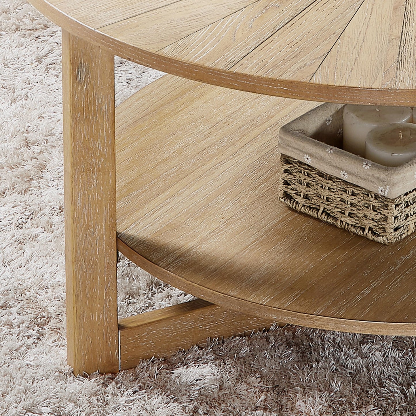 DS-HOMEPORT Round Coffee Table, 35" Circle Wood Coffee Table with Storage Shelf, 2 Tier Center Table for Living Room Apartment Home Furniture, Easy Assembly (Light Brown,35" Dx35 Wx18 H)