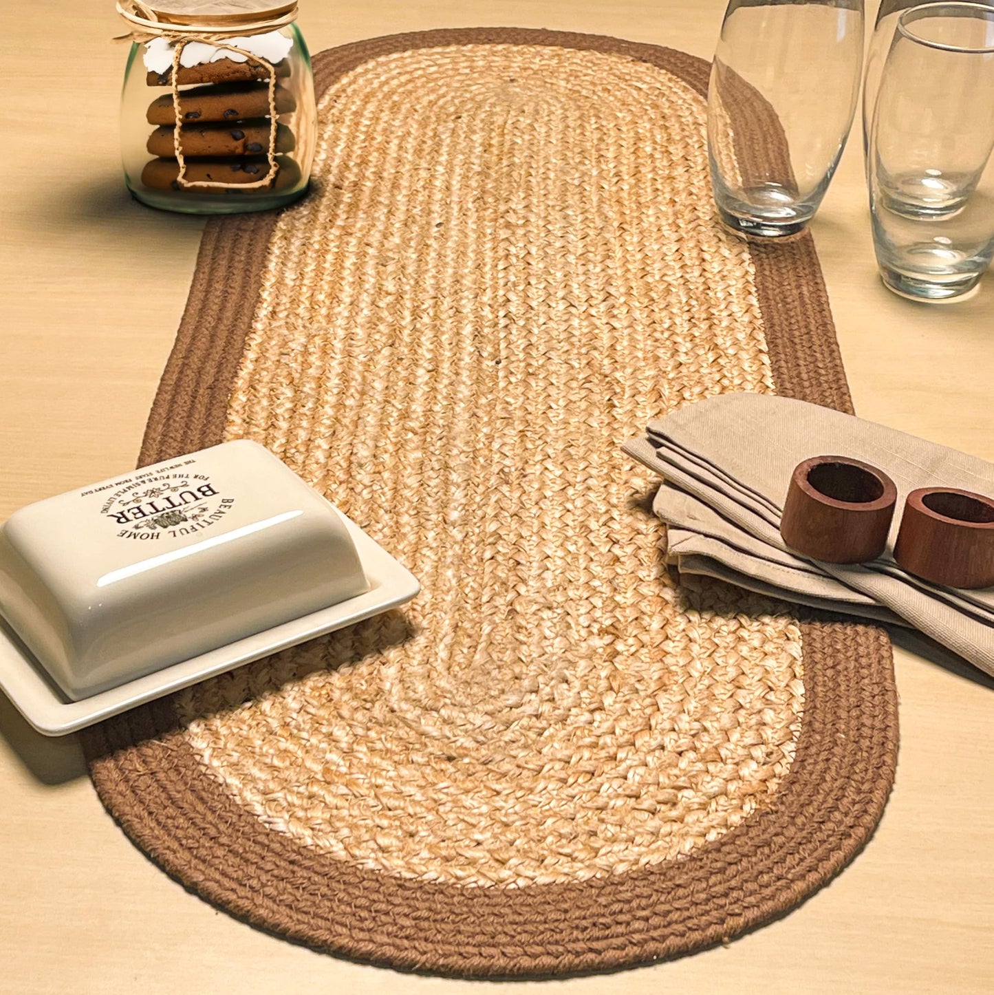 CHARDIN HOME Verona Oval Woven Jute & Cotton Braided Table Runner, Size -13 x 36 Inches, Color - Natural Jute with Brown Border