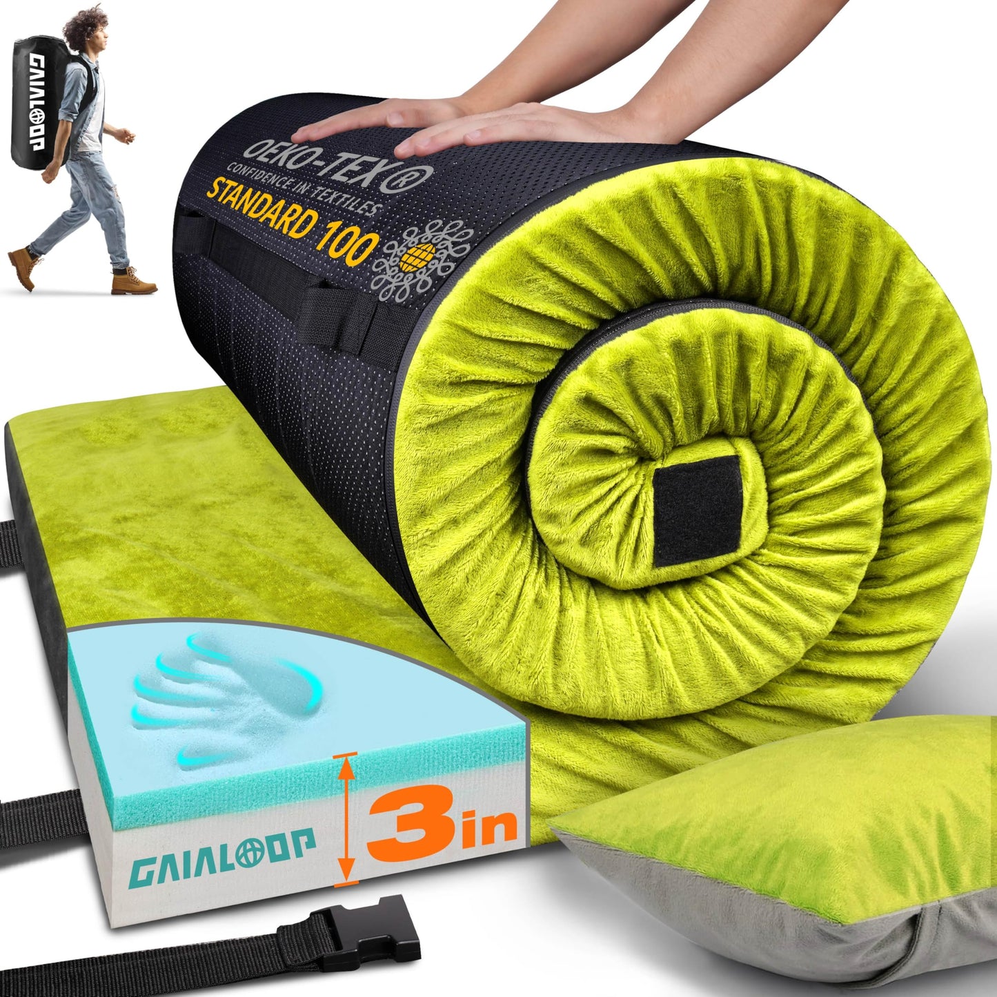 GAIALOOP 3 Inch Memory Foam Camping Mattress, Dual Layer Thick Sleeping Camp Pad for Car Tent Cot, Roll-Up Portable Glamping Floor Bed for Guests Sleepover[Cot: 72 * 24 * 3"]