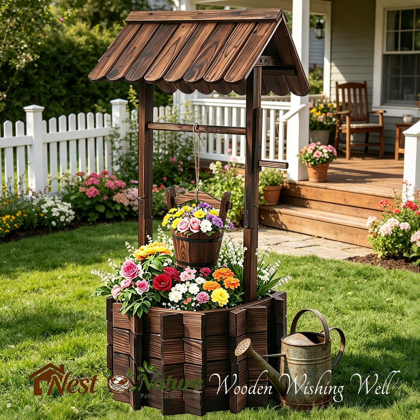 NestNature 21.75" Carbonized Wooden Wishing Well Planter for Outside, Rustic Outdoor Wishing Well with 4 Reinforced Rods & Hanging Bucket, Decorative Well Cover for Yard Garden Patio Lawn Backyard