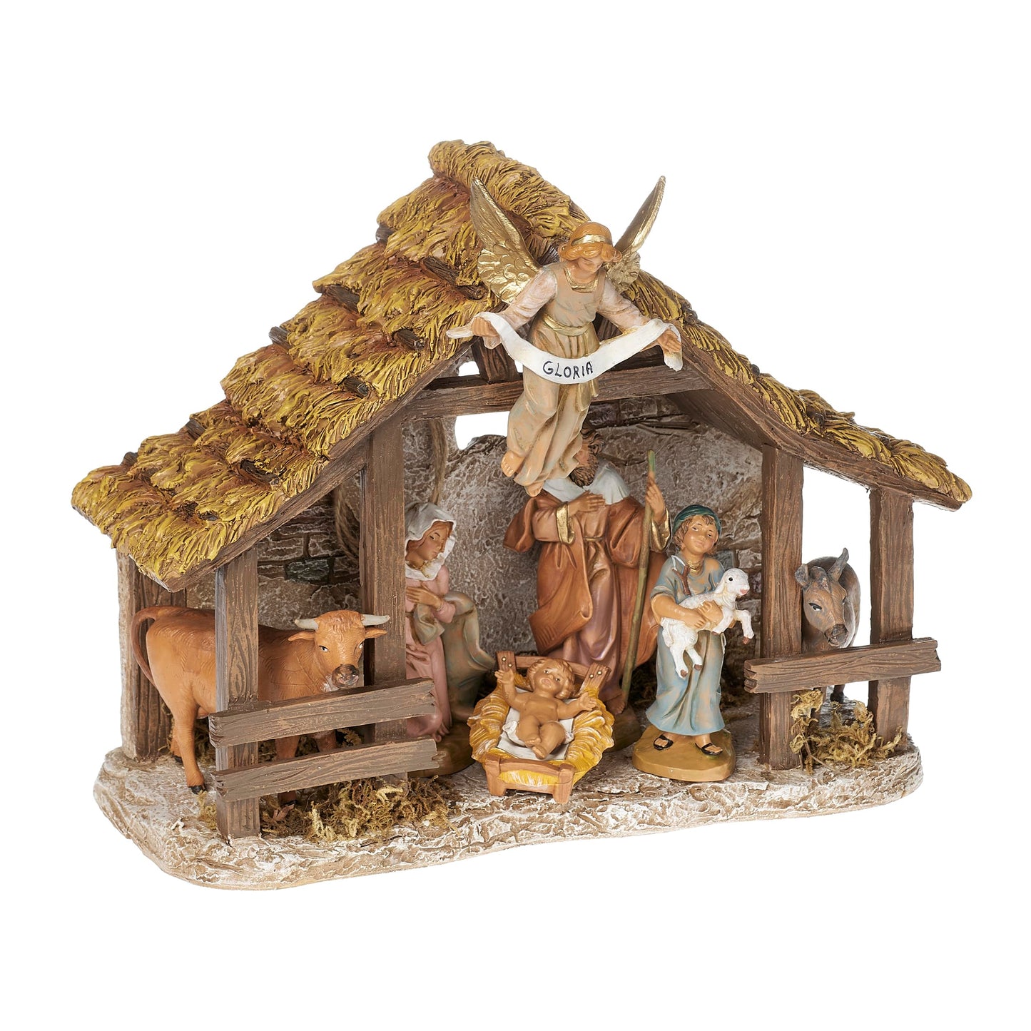 Fontanini by Roman 5" Scale Nativity Set, 7-Piece Holy Family Scene with Shepherd and Animals, Resin Stable with Angel, Classic Christmas Decoration
