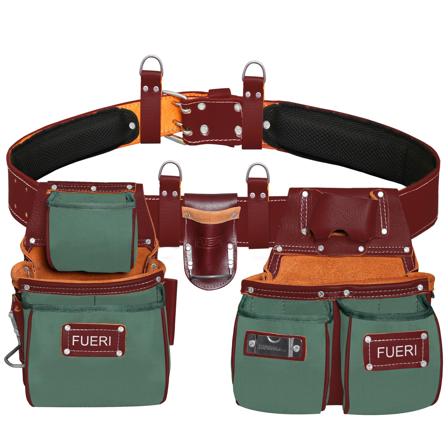 FUERI Electrician's Heavy Duty Tool Belt for Men, Made of Thick Leather and Durable Nylon, Comes with Adjustable Padded Tool Belt, Storage Capacity Tool Pouches, Hammer Holder, And Suspender Loops.