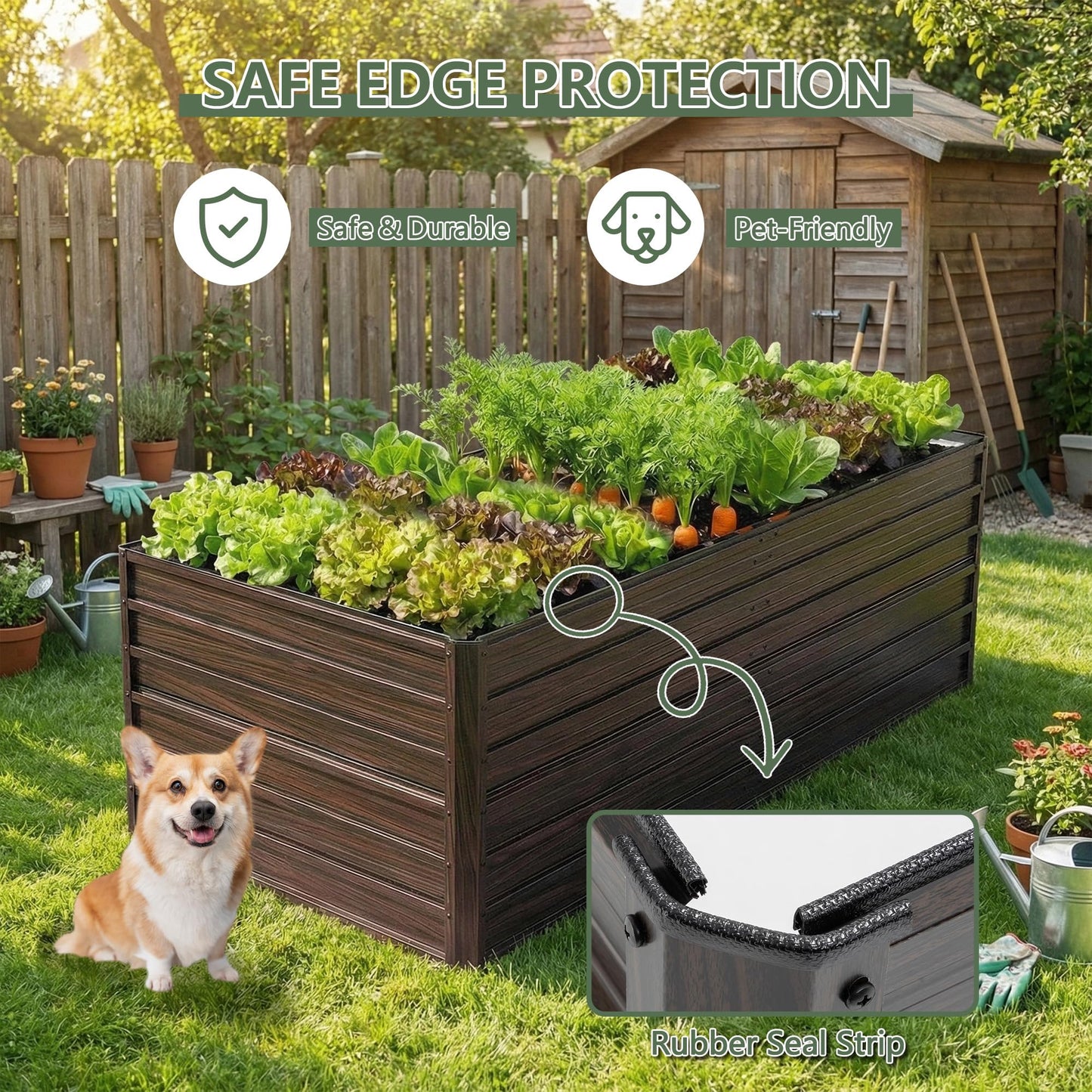 RocVanc Galvanized Raised Garden Beds 6x3x2FT Outdoor Planter Boxes with Safety Edging and Gloves Metal Garden Bed Kit for Vegetables Flower and Fruits (Brown Wood Grain