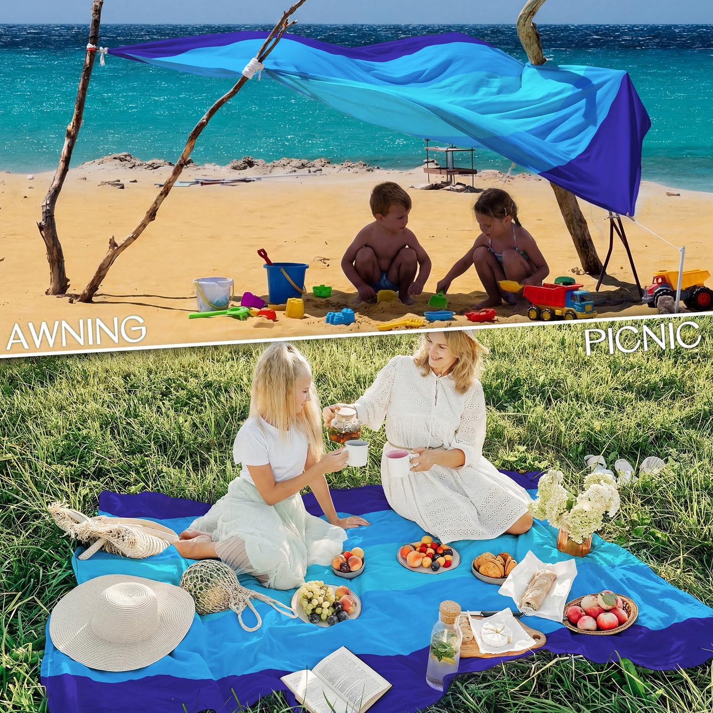 BYDOLL Beach Blanket 78''×81'' 4-7 Adults Oversized Lightweight Waterproof Sandproof Beach Blanket Large Picnic Mat for Travel Camping Hiking Picnic(78" X 81", Blue-Mixed)