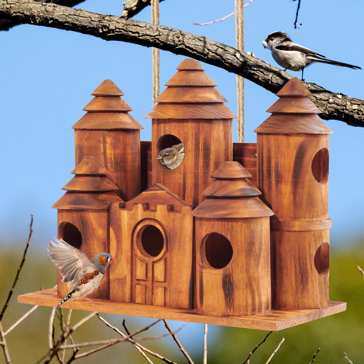 MIXUMON Wooden Bird Houses for Outside – 8 Rooms Castle-Style Bird House, Carbonized Pine Rustic Finish, 1.57" Entrance Holes, Decorative Outdoor Bird Nesting Box (Rustic, 8 Rooms)
