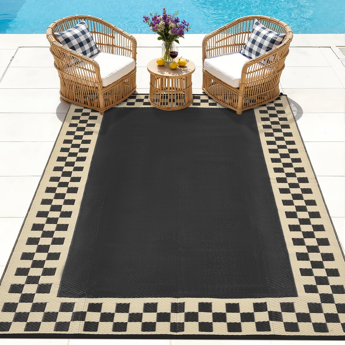 Checkered Outdoor Rug 8x10 Waterproof Modern Bordered Patio Rugs Plastic Straw Rug Large Indoor Outdoor Throw Carpets Reversible Mat for Picnic, Backyard, Rv, Beach, Deck, Camper, Balcony, Black