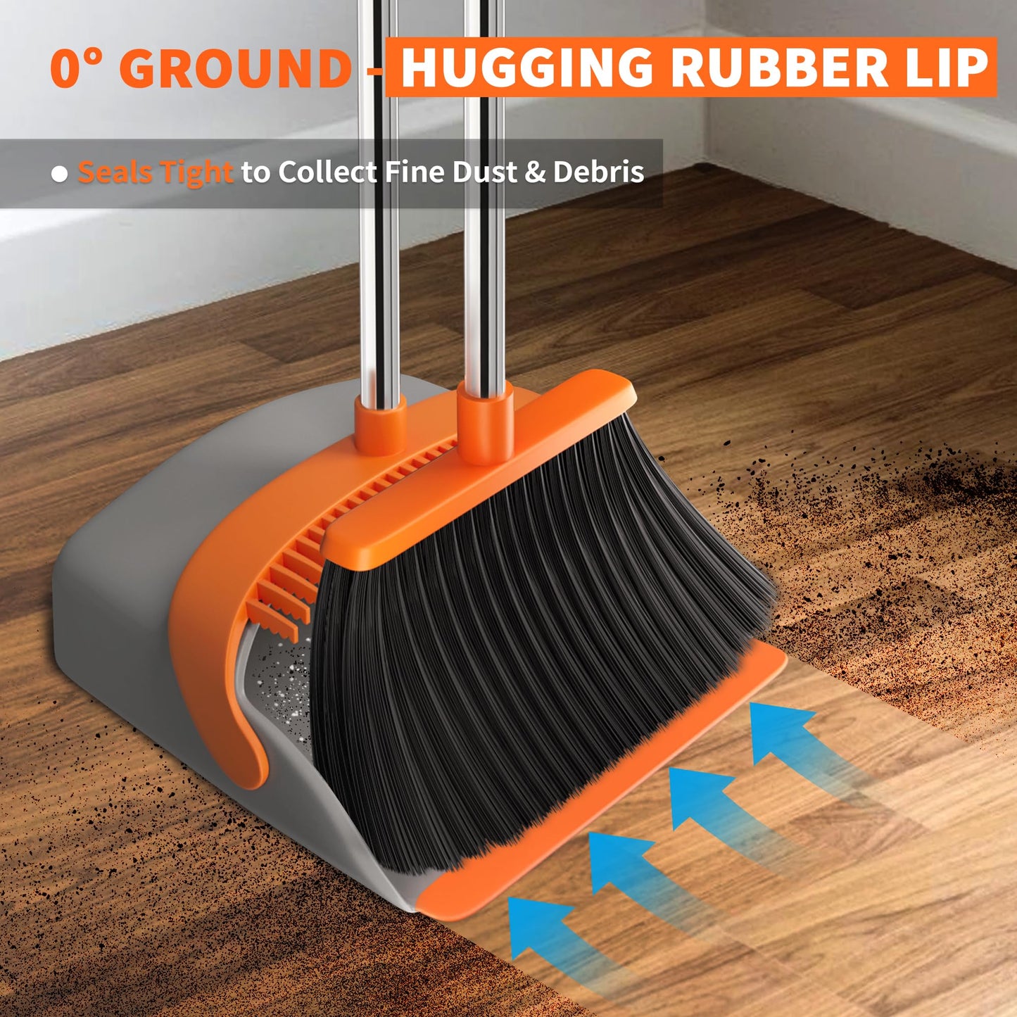 Upgraded Broom and Dustpan Set, 52" Long Handle Standing Combo with Self-Cleaning Teeth – Perfect for Pet Hair, Kitchen, Office, Home, Indoor & Outdoor Cleaning(Orange & Gray)