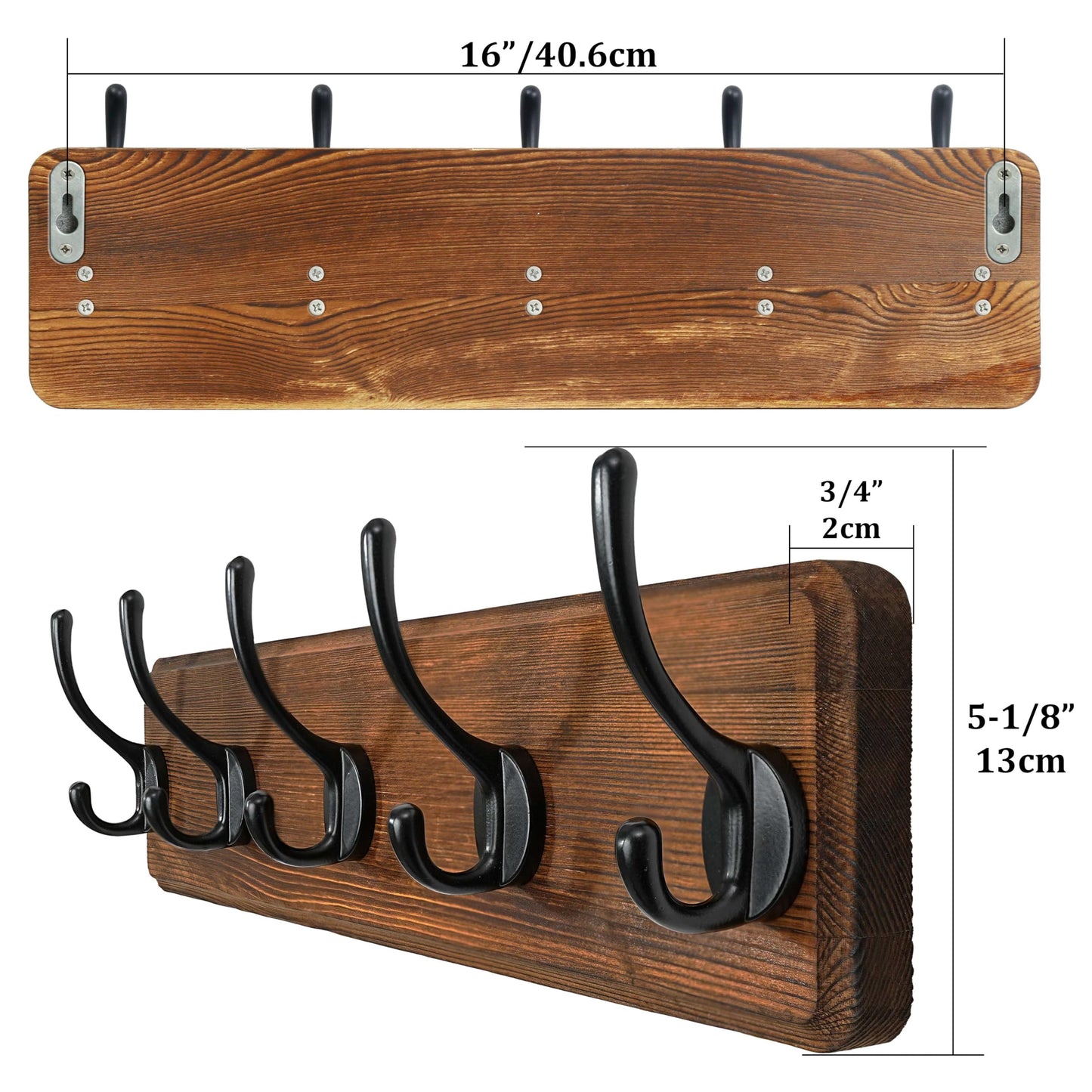 WEBI Coat Rack Wall Mount,Coat Hooks Wall Mounted,16" Hole to Hole,Coat Hanger Wall,Hook Rack Rail,5 Hooks for Hanging Jacket,Clothes,Hats,Rustic Brown