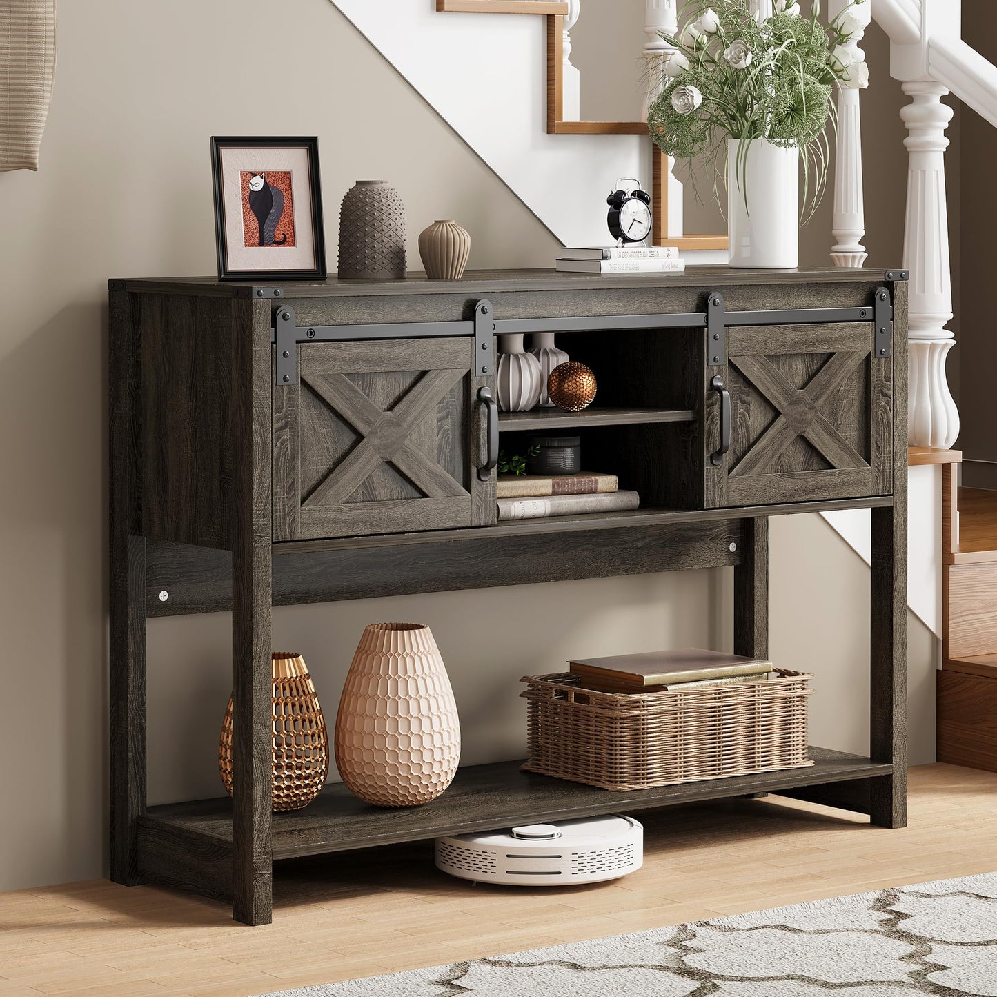 RoyalCraft Console Table with Storage Shelf & Sliding Barn Door, Farmhouse Entryway Table with Storage, 46" Narrow Long Sofa Table, Behind Couch Table, Console Tables for Living Room, Entryway, Foyer
