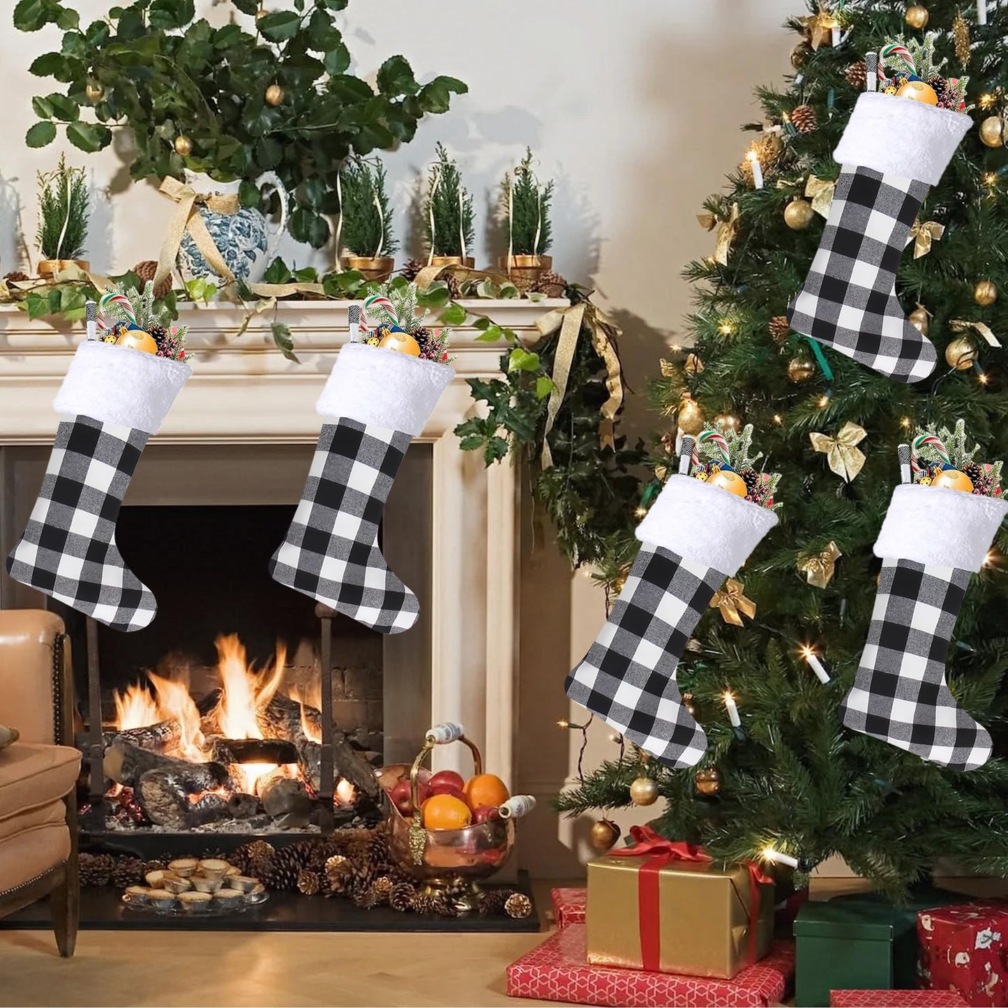 Christmas Stockings 4 Pack,Buffalo Plaid Christmas Stockings,20 Inch Classic Large White Black Plaid Christmas Stockings Decorations,Xmas Stockings Set of 4 Fireplace Family Holiday Party Decor