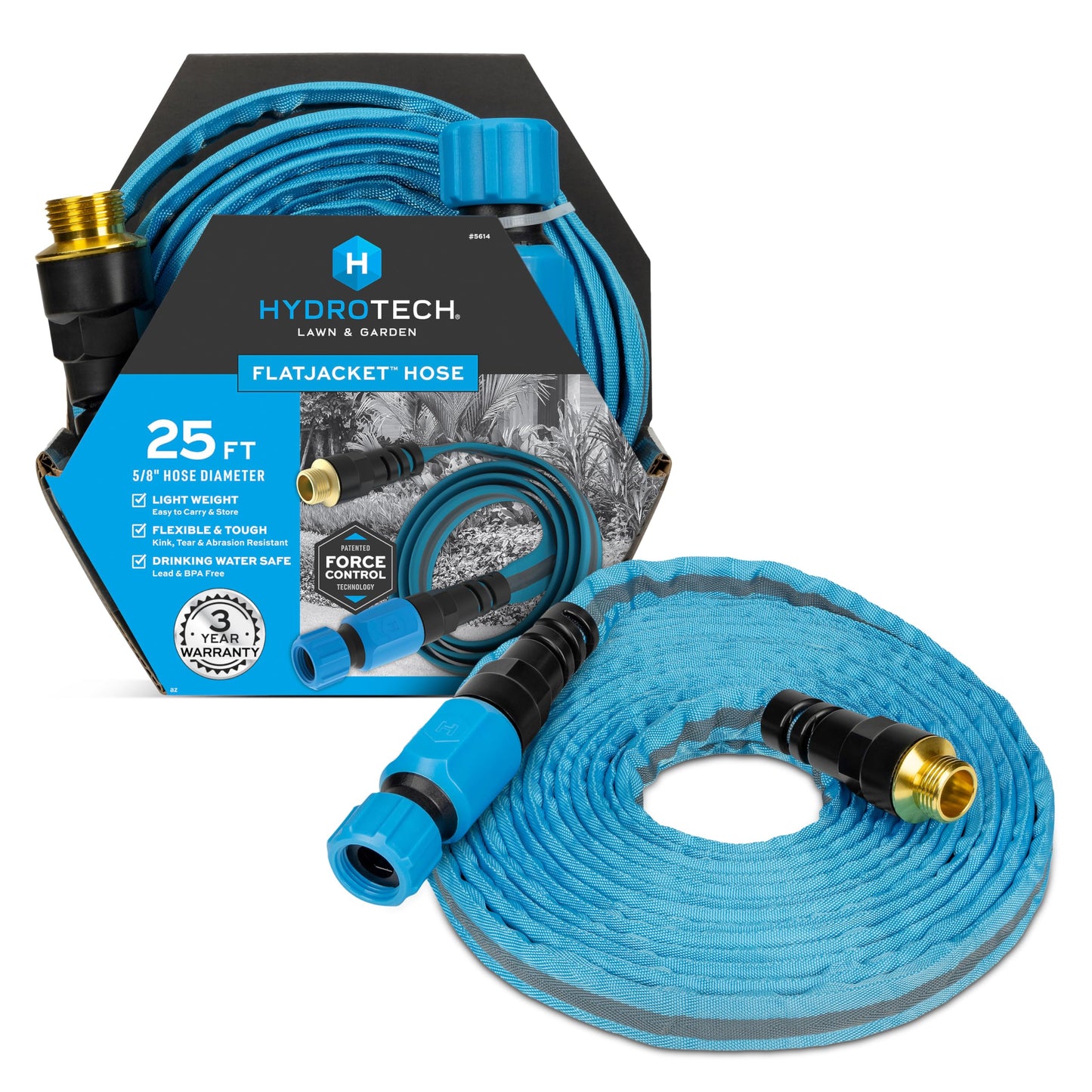 HydroTech FlatJacket 5/8" 25 ft Garden Hose with Patented Force Control Technology- Flexible, Kink-Free, Lightweight Hose for Lawn, Garden, Car Washing, Deck and Patio Cleaning