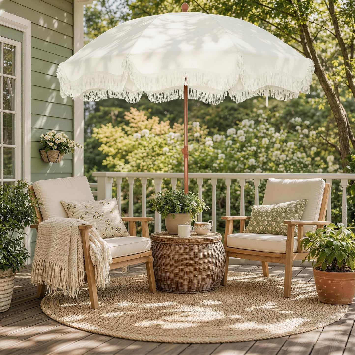 HERA'S PALACE 7 ft Heavy Duty Beach Umbrella with Sand Anchor, Fringe Umbrella for Sand, UV 50+, Patio Umbrella with Tilt Pole for Garden Pool Backyard