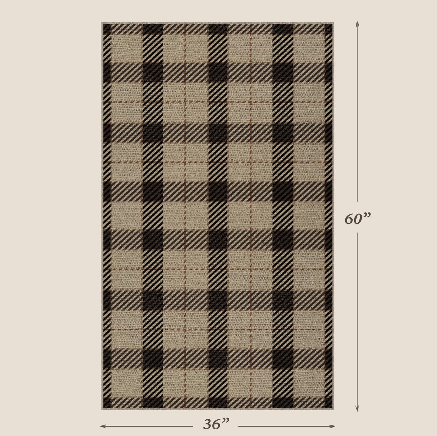 Washable Plaid Indoor Outdoor Rug 3x5 for Front Porch, Entryway, Patio, No Shed Easy Jute Non Slip TPR Backing Area Rug for Large Kitchen, Farmhouse Black & Tan Checkered Seegrass Aesthetic