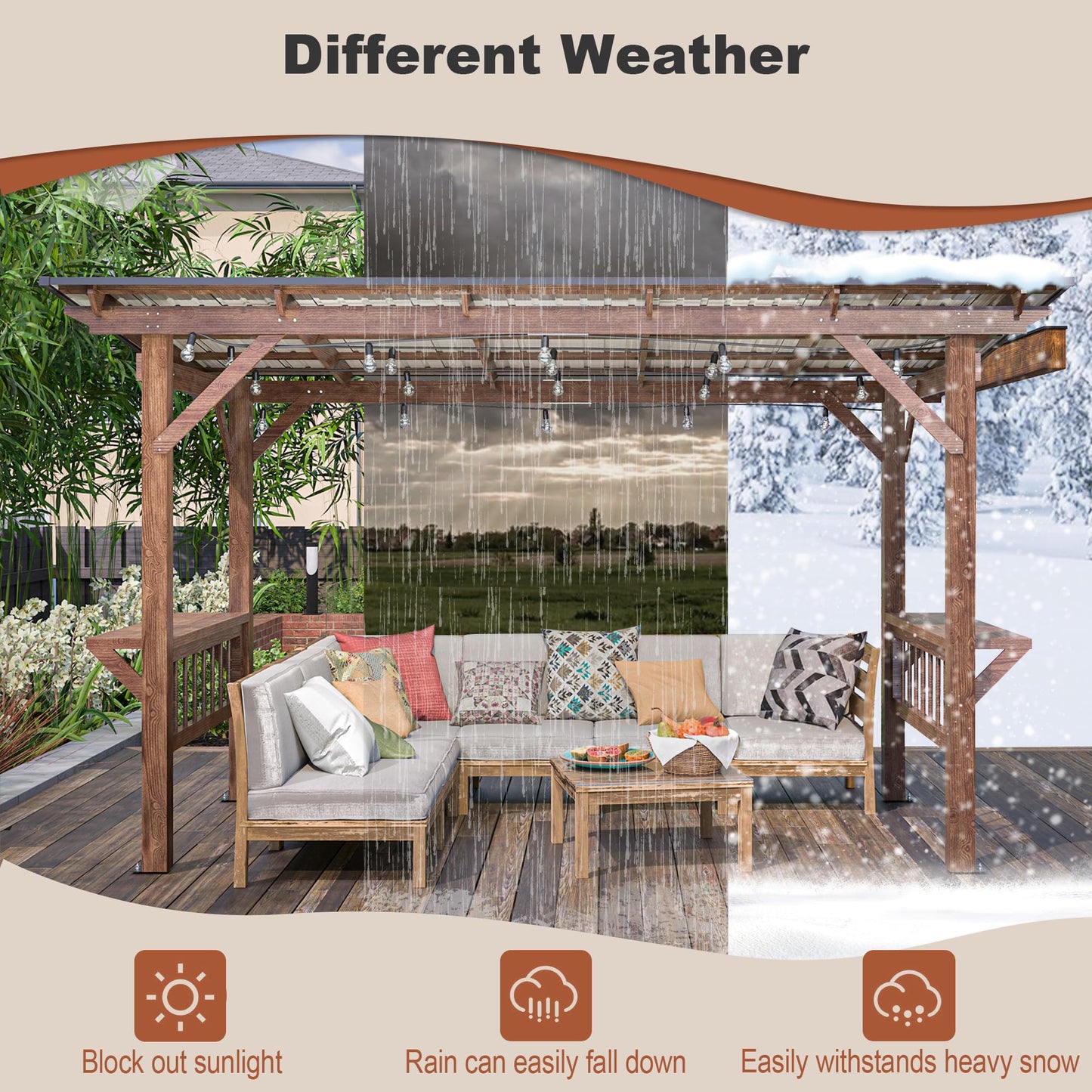 KEIKI 13' x 6.5' Wooden Grill Gazebo Metal Roof, Bulbs, Bar Counters, Patio Hardtop Grill Pergola, BBQ Canopy for Lawn, Garden, Outdoor Patio, Backyard