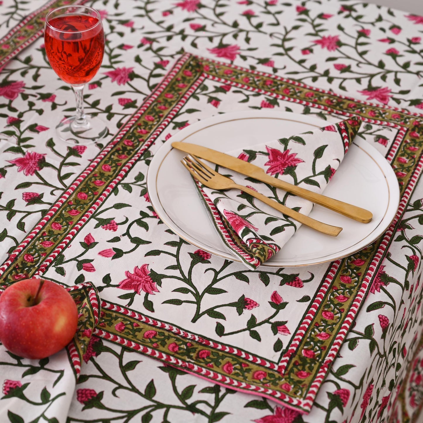 DecorAvenue Hand Block Printed Cotton Tablecloth Elegant Floral Design Soft & Durable Perfect for Dining Table Kitchen Parties Home Decor (Rosy Elegance, 6 Seater 60 x 90 Inches Rectangle)