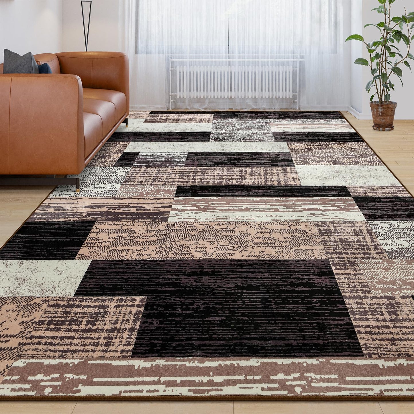 Large Area Rugs,Modern Geometric Patchwork Floor Decor for Bedroom Aesthetic Carpet, Rockwood Collection, Indoor Rugs for Living Room Dining Room Nursery Office Machine Washable Rug, 5x8 Ft Chocolate