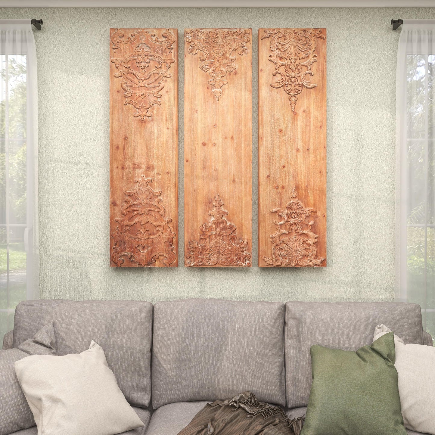 Deco 79 Wood Floral Home Wall Decor Carved Antefix Wall Sculpture, Set of 3 Wall Art 16"W, 55"H, Brown