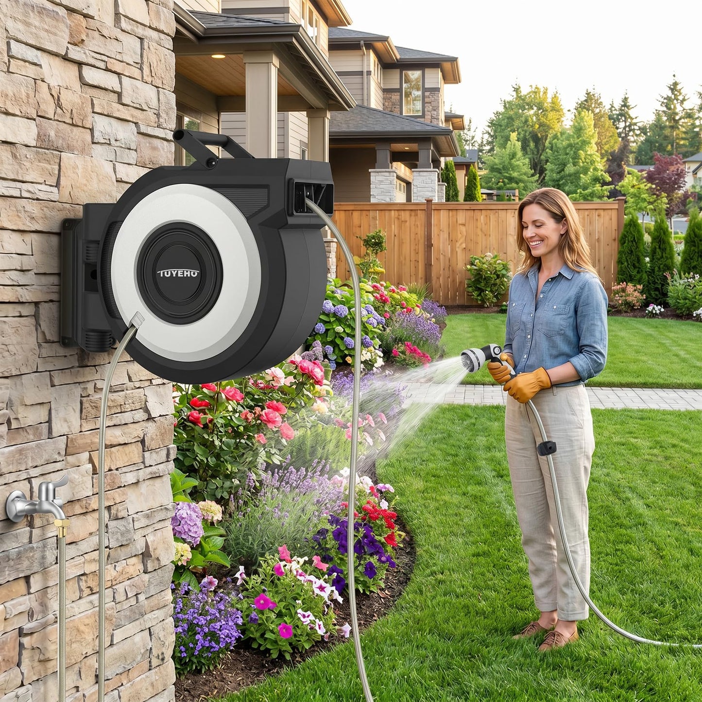 Tuyeho Retractable Garden Hose Reel 130 FT, Wall Mount Heavy Duty Water Hose Reels with Automatic Slow Rewind System, Outdoor Hoses Reel with 2 Hose Nozzles for Garden Watering, Car Wash, Pet Shower