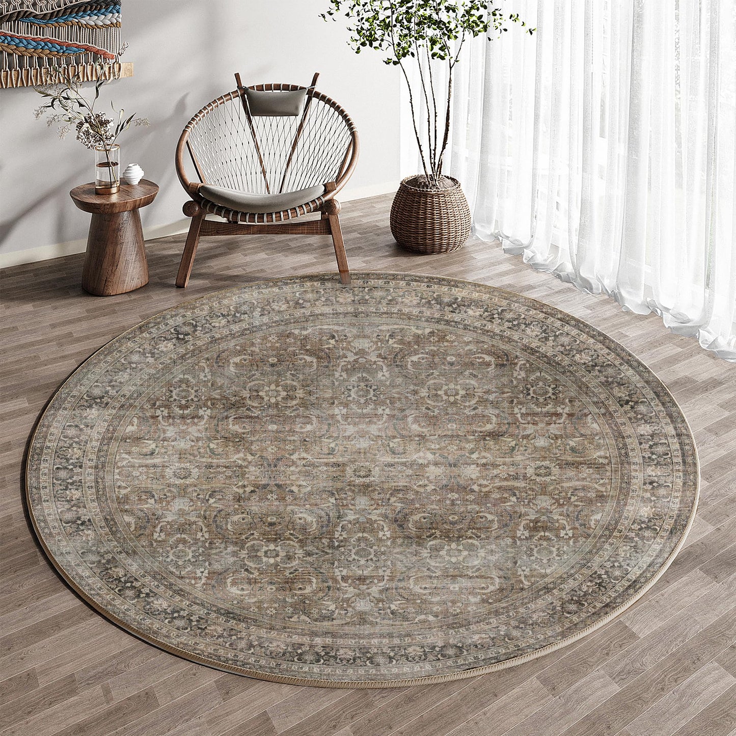 HUGEAR 4ft Round Rug Entryway Rugs Machine Washable Brown Hallway Area Rug 4x4 Small Circle Floral Low Pile Carpet Vacuumable Throw Rug Living Room Laundry Entrance Non Slip Soft Lightweight