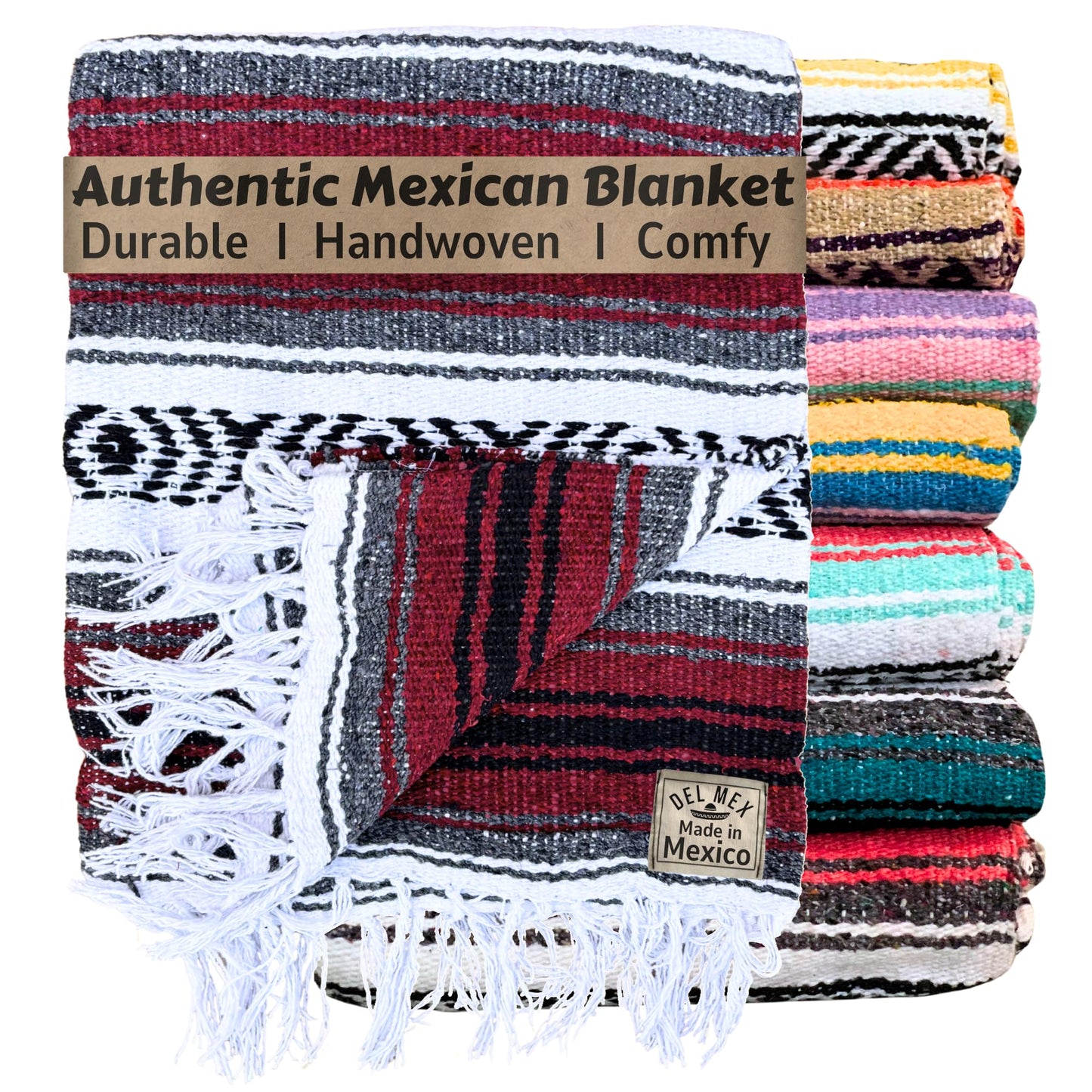 Del Mex Classic Mexican Blanket, Large Authentic Woven Falsa Throw (70"x50"), Artisan Southwest Décor for Beach, Yoga, Outdoors (Burgundy)