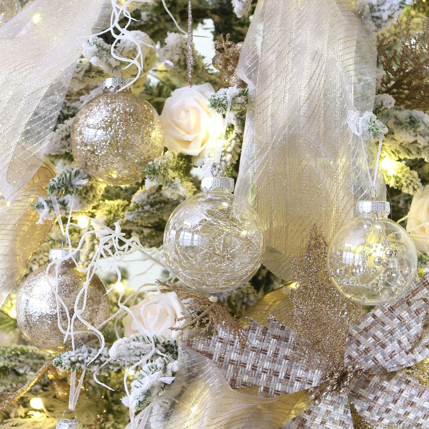 Sea Team 60mm/2.36" Shatterproof Clear Plastic Christmas Tree Ball Ornaments Set, Decorative Hanging Transparent Xmas Baubles with Stuffed Delicate Decorations (30 Counts , Champagne)