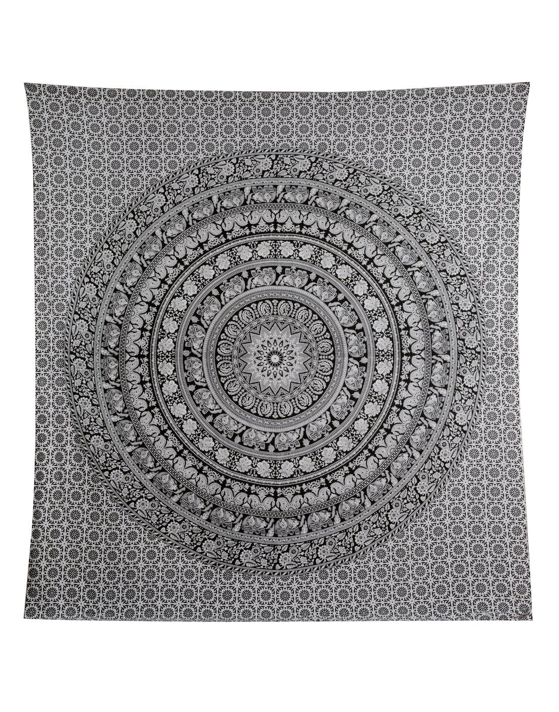 RAJRANG Indian Mandala Large Tapestry Wall Hanging Black And White Elephant Cotton Aesthetic Tapestries For Bedroom Hippie Beach Bohemian Boho Decor Table Cloth Queen 90x84 Inches