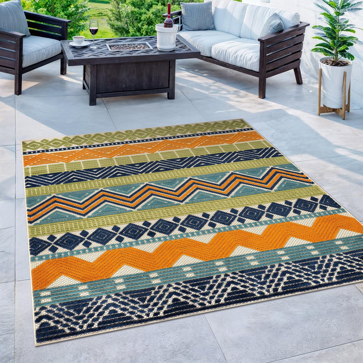 Rugshop Multi Marbella Boho Indoor/Outdoor Square Area Rug, Machine Washable for Patio, Dining Nook and Balcony 6'6" x 6'6" Square