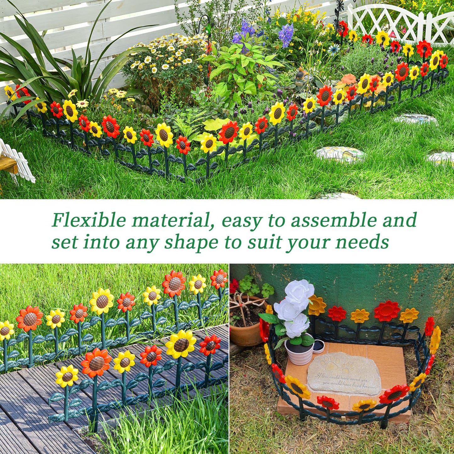 Sungmor Plastic Edgings Garden Picket Fence - Grass Lawn Flowerbeds Plant Borders - Decorative Sunflower Landscape Path Panels - Pack of 4 (Overall Length 98 Inches) - Lightweight & Easy Installation